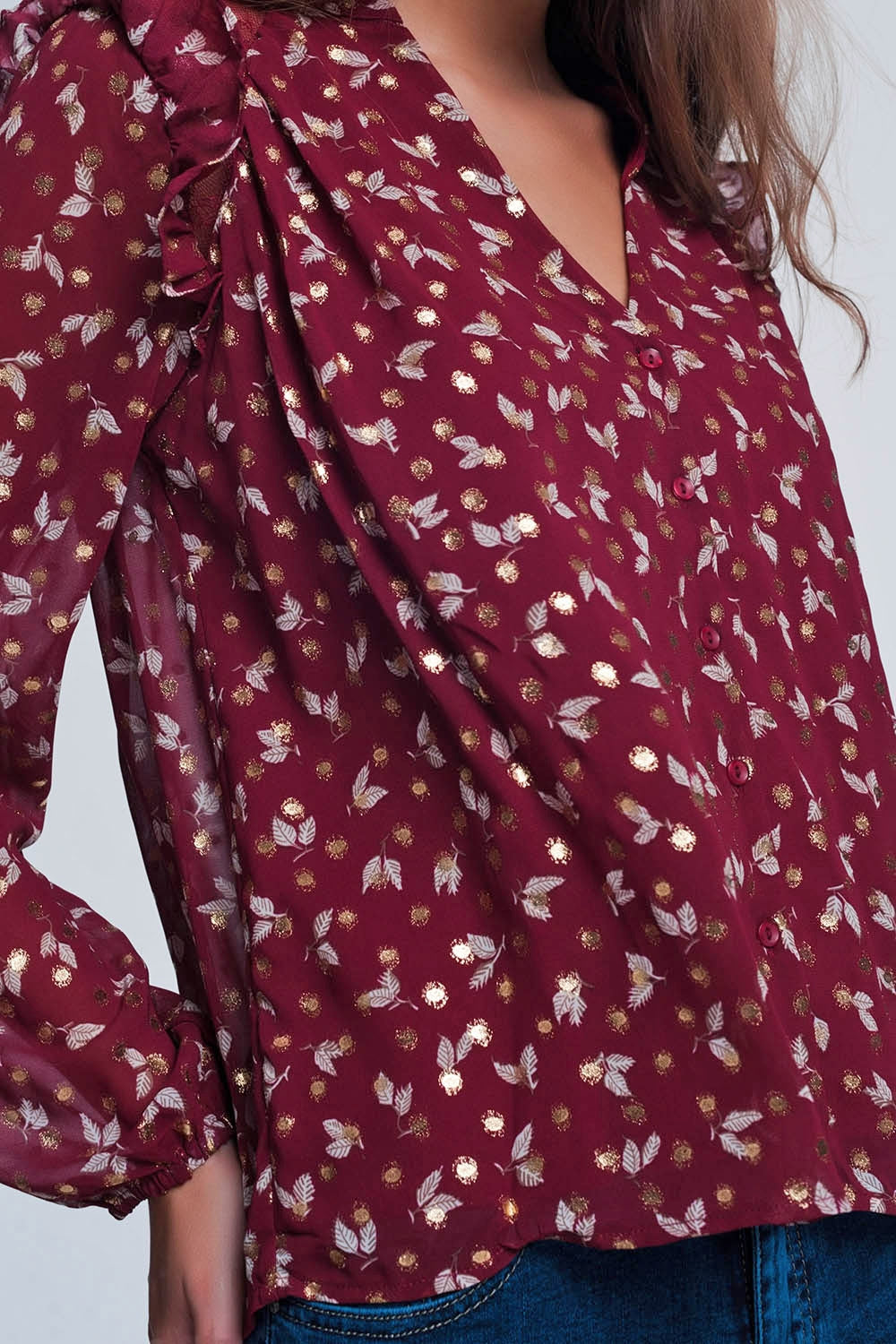 Camicia rossiccio stampata con volant sulle spalle