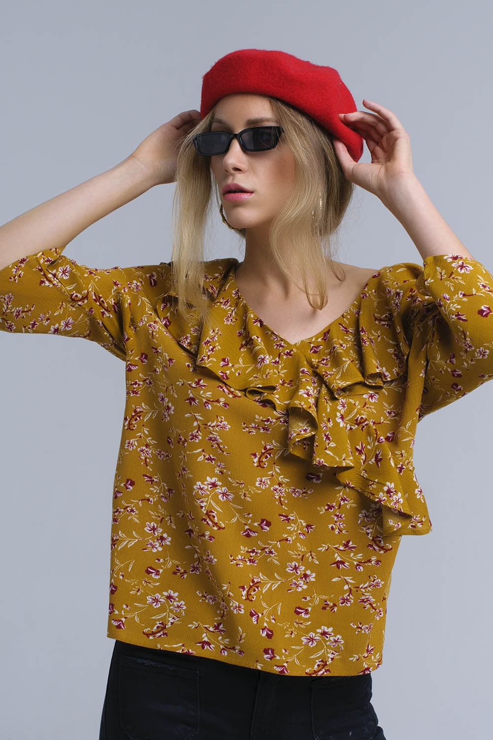 Camicia senape con volant incrociati