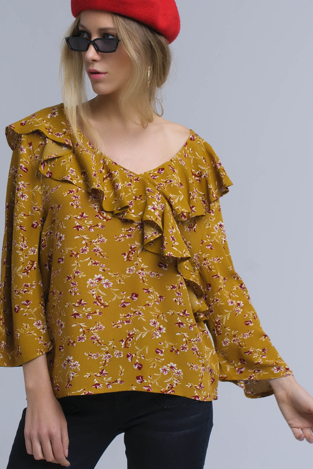 Camicia senape con volant incrociati