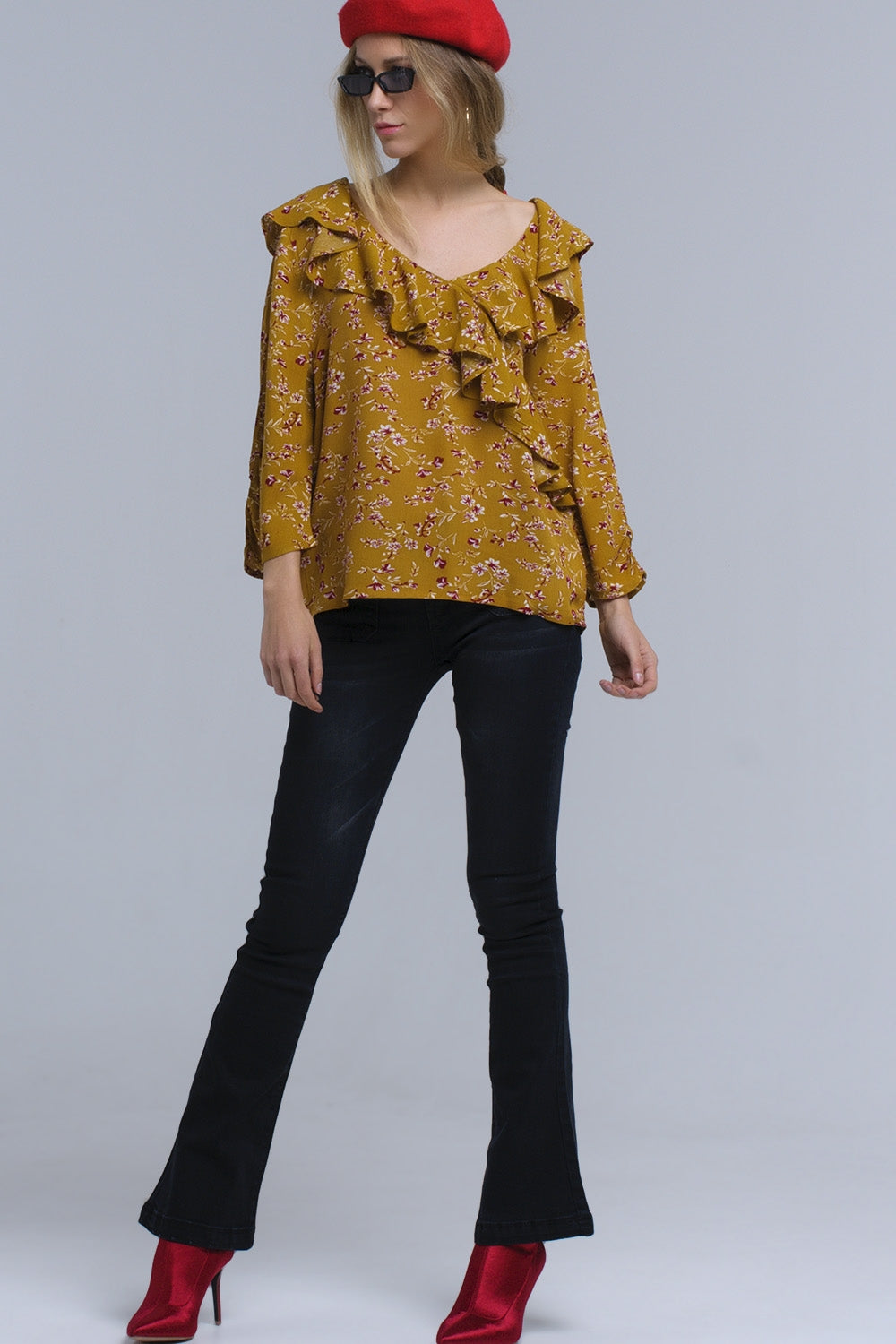 Camicia senape con volant incrociati