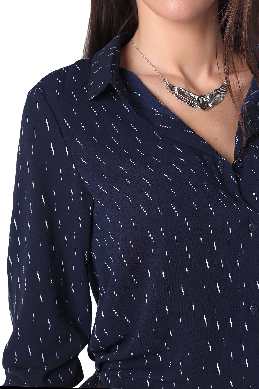 Camicia nera 3/4 in tessuto puntinato con cintura