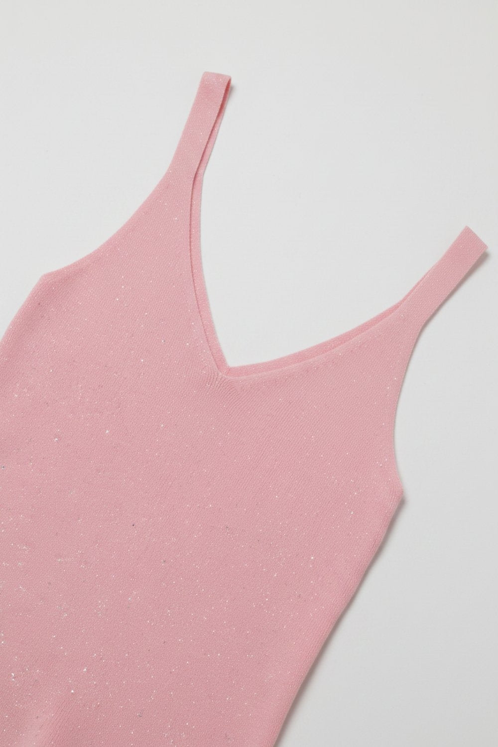 Canotta rosa glitterata in maglia a coste con scollo a V