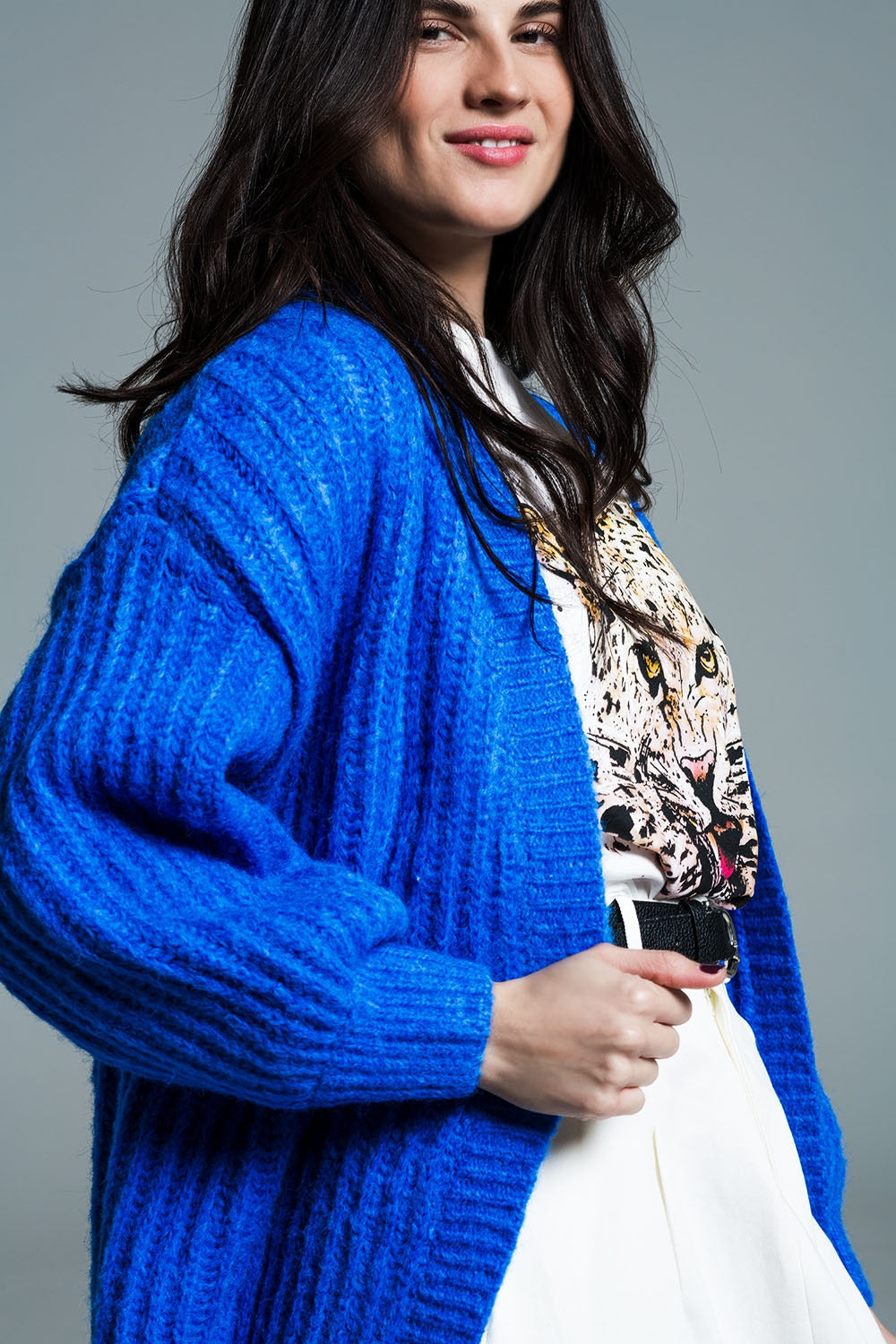Cardigan a costine con maniche a 3/4 in blu royal