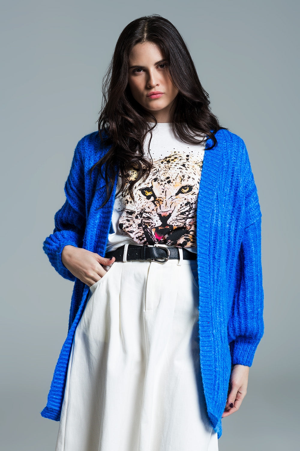 Cardigan a costine con maniche a 3/4 in blu royal