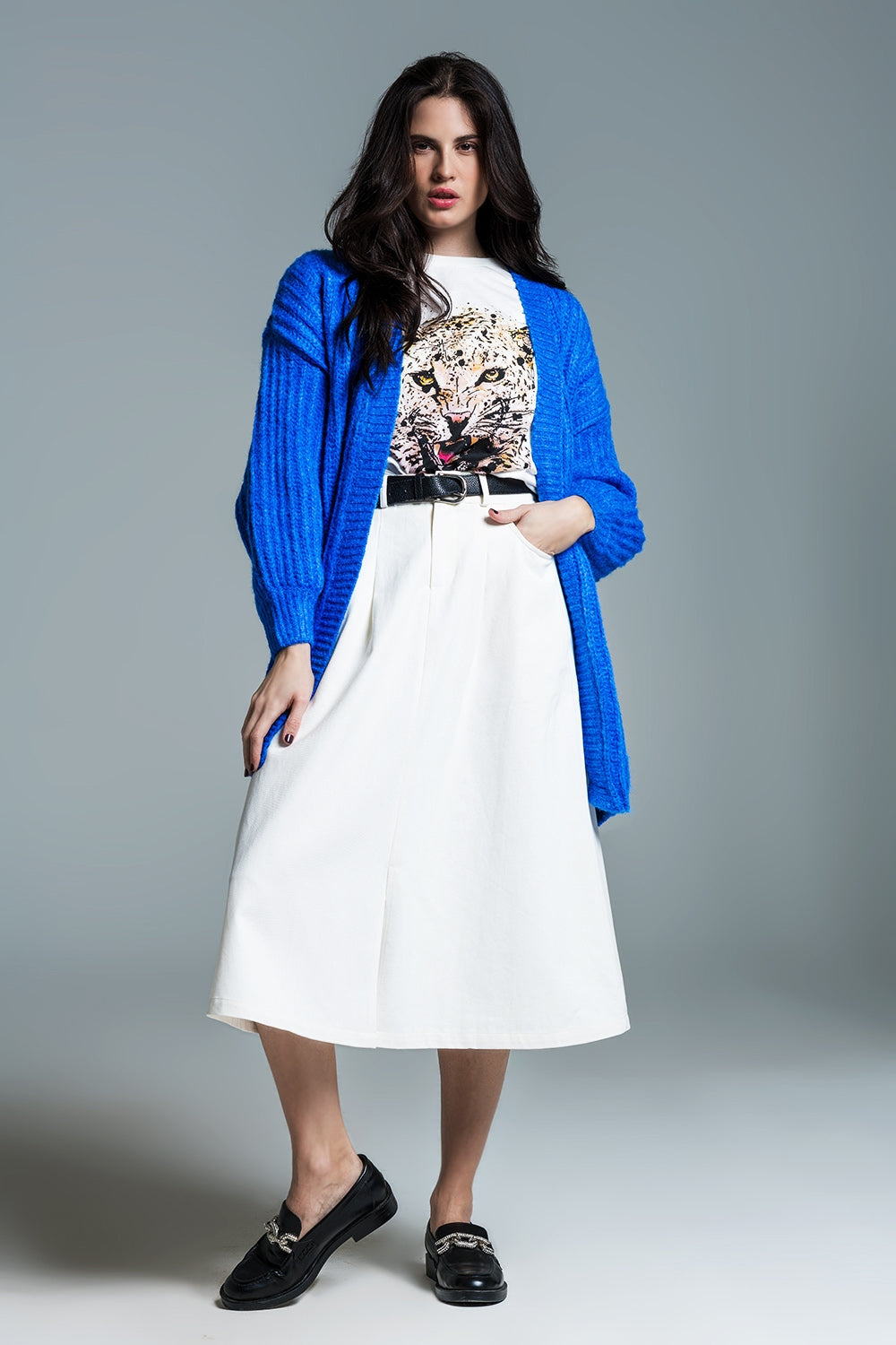 Cardigan a costine con maniche a 3/4 in blu royal