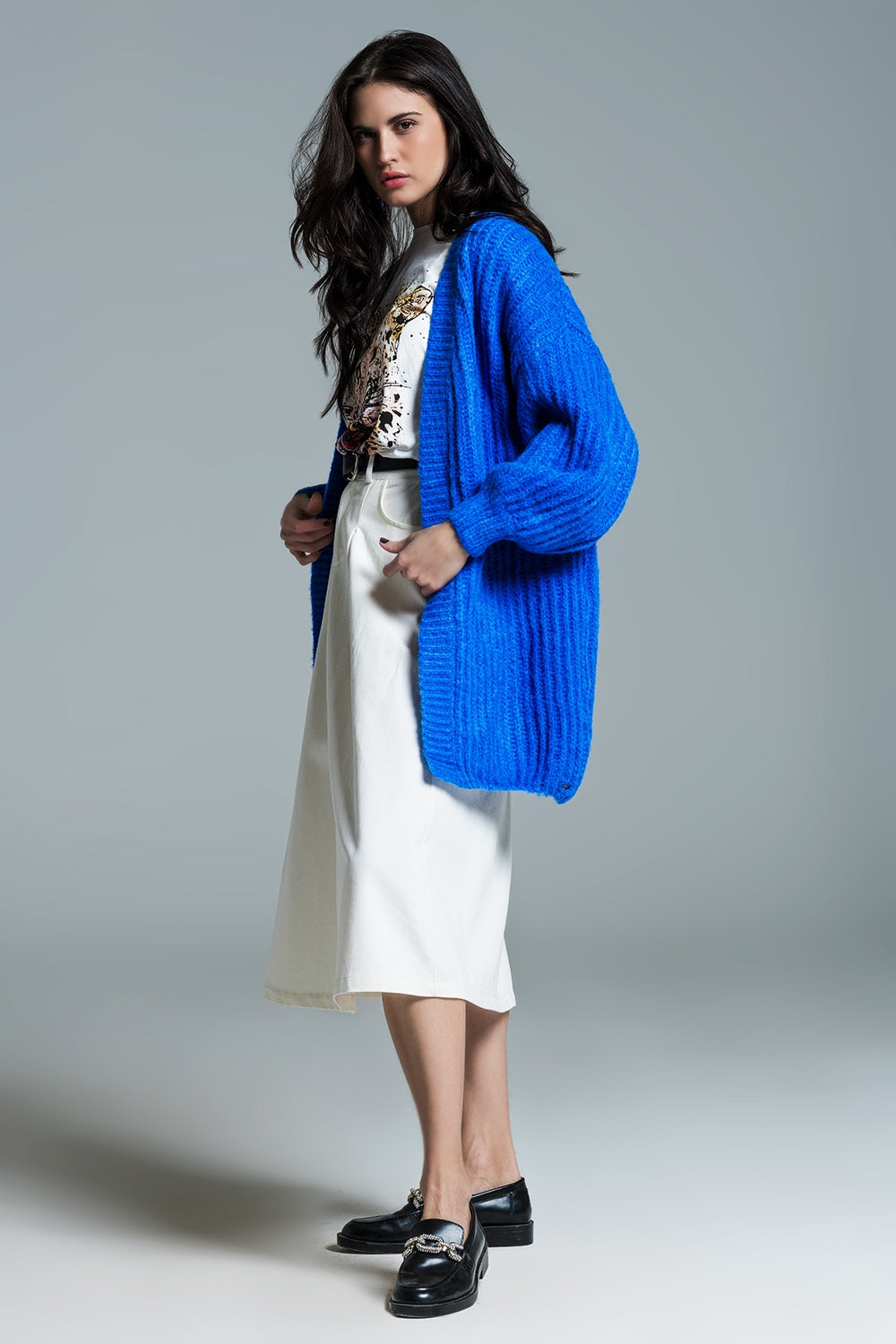 Cardigan a costine con maniche a 3/4 in blu royal