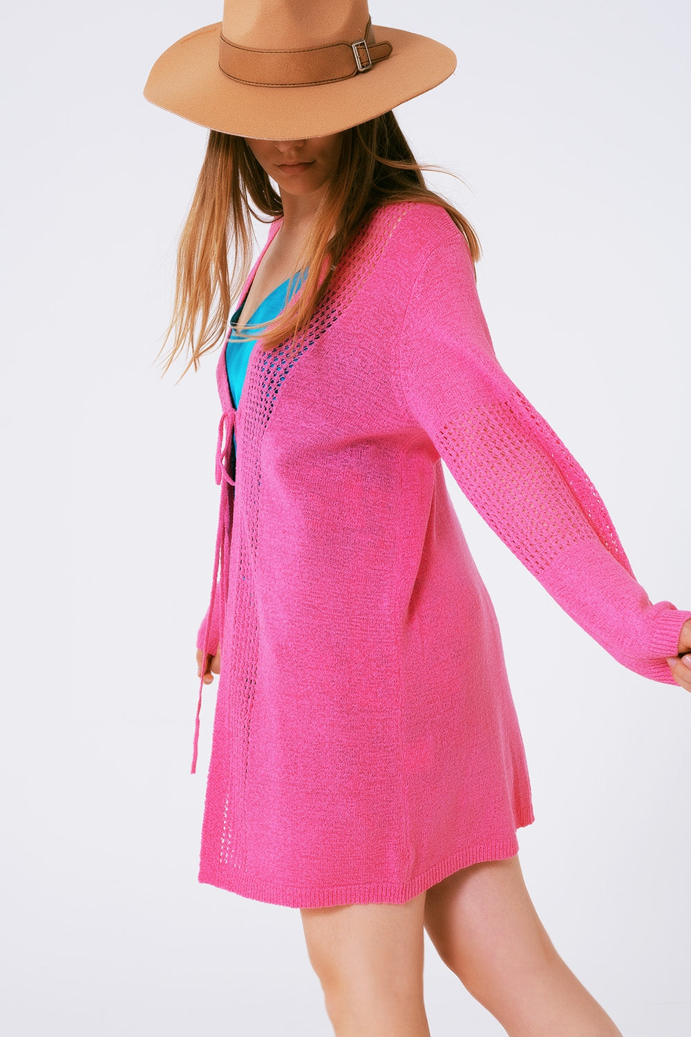 Cardigan a maglia di cotone medio con cordoncino in Rosa