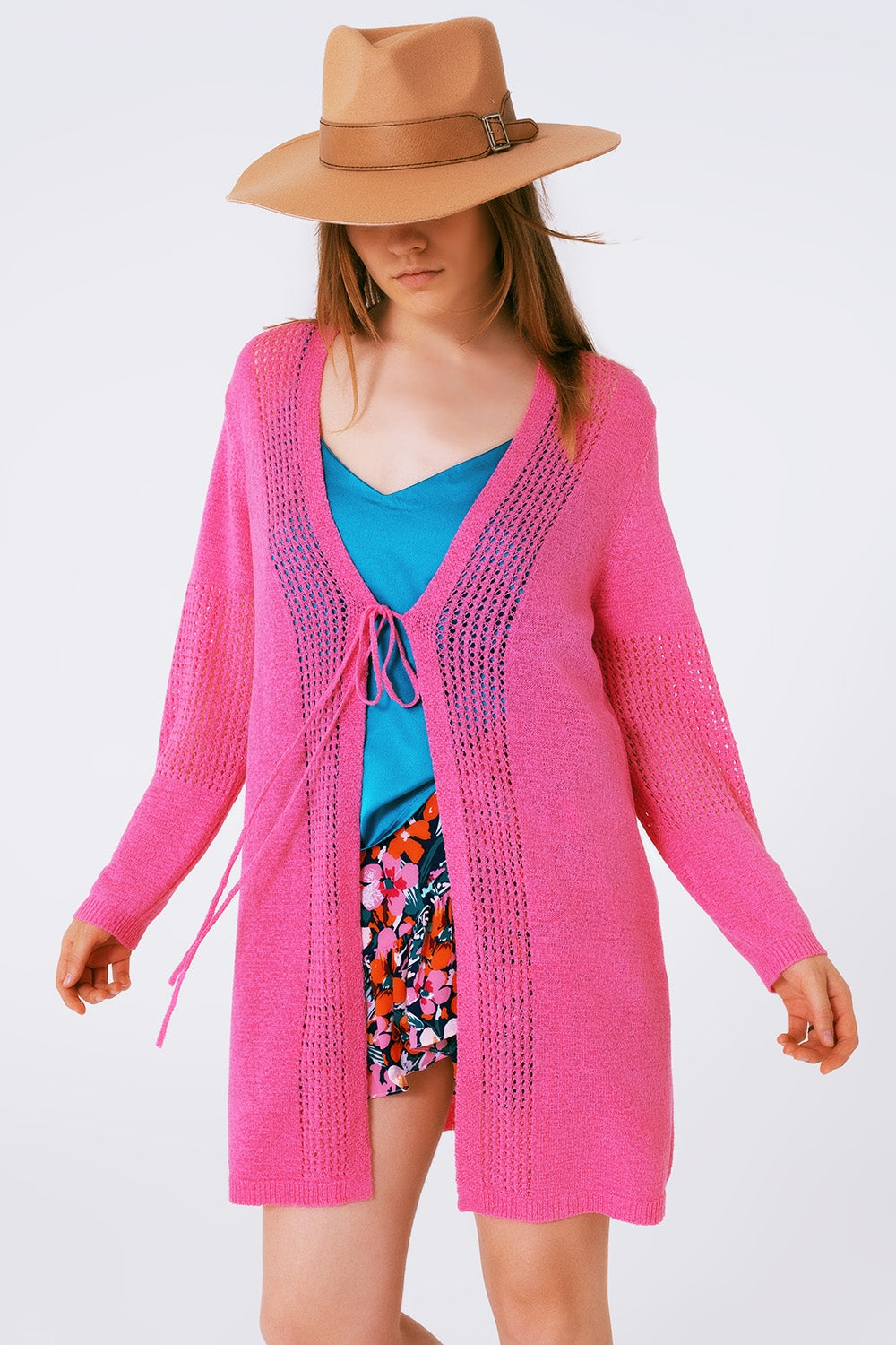Cardigan a maglia di cotone medio con cordoncino in Rosa