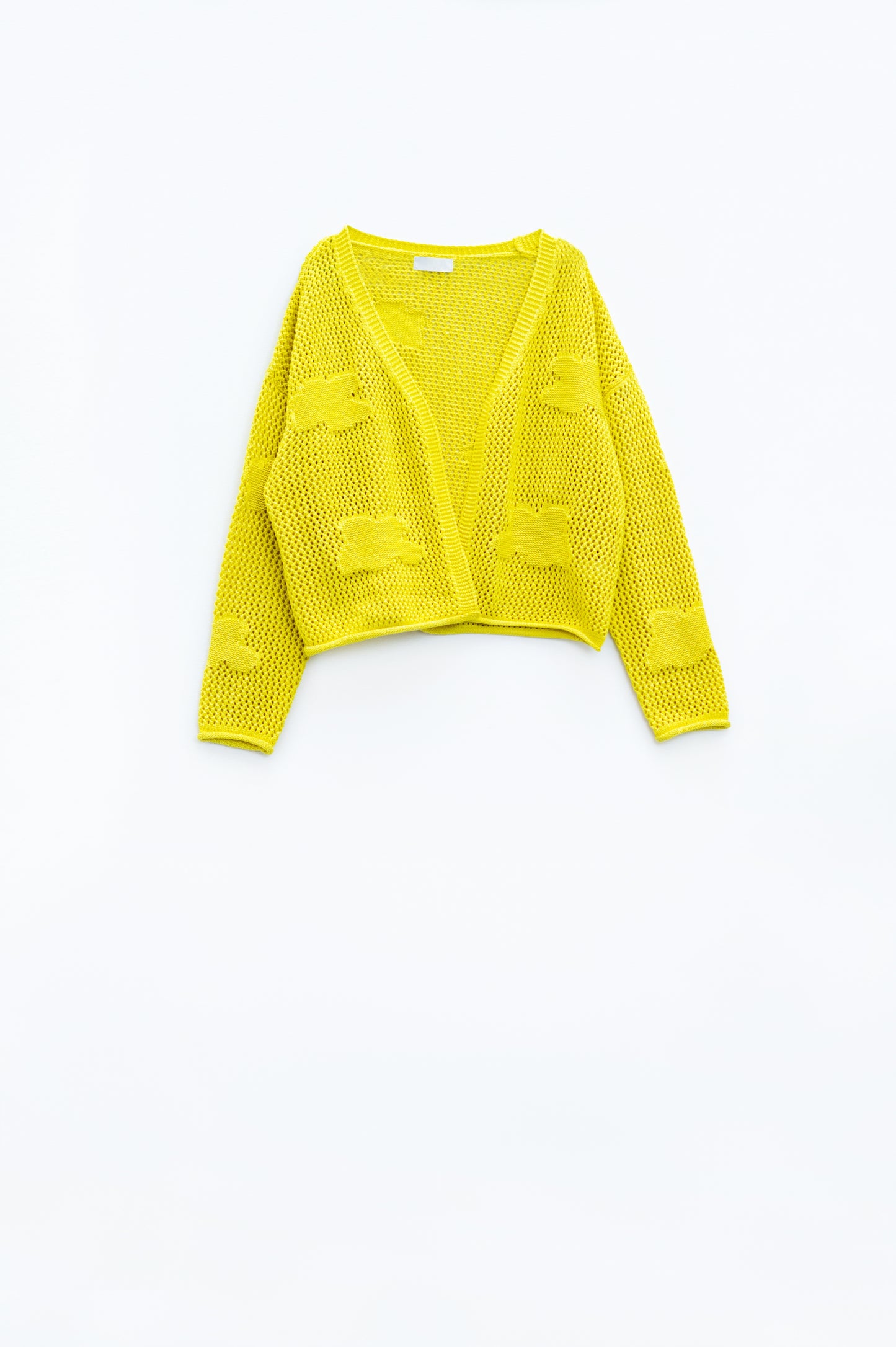 Cardigan all'uncinetto con nuvole lavorate a maglia in giallo