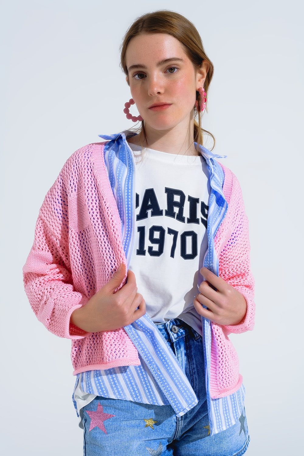 Cardigan all'uncinetto con nuvole lavorate a maglia in rosa
