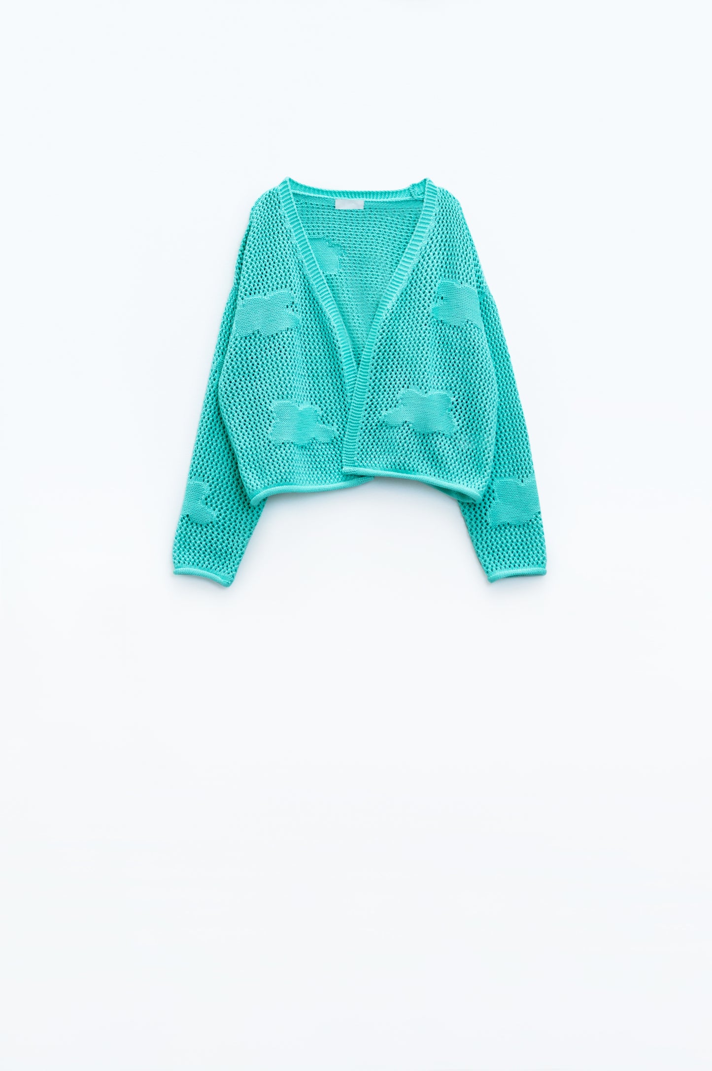 Cardigan all'uncinetto con nuvole lavorate a maglia in turchese chiaro