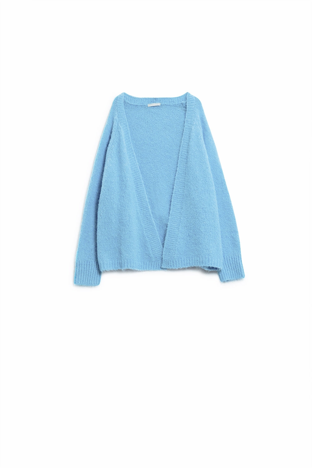 Cardigan aperto in maglia morbida e rilassata di colore blu baby con bordi e polsini a coste
