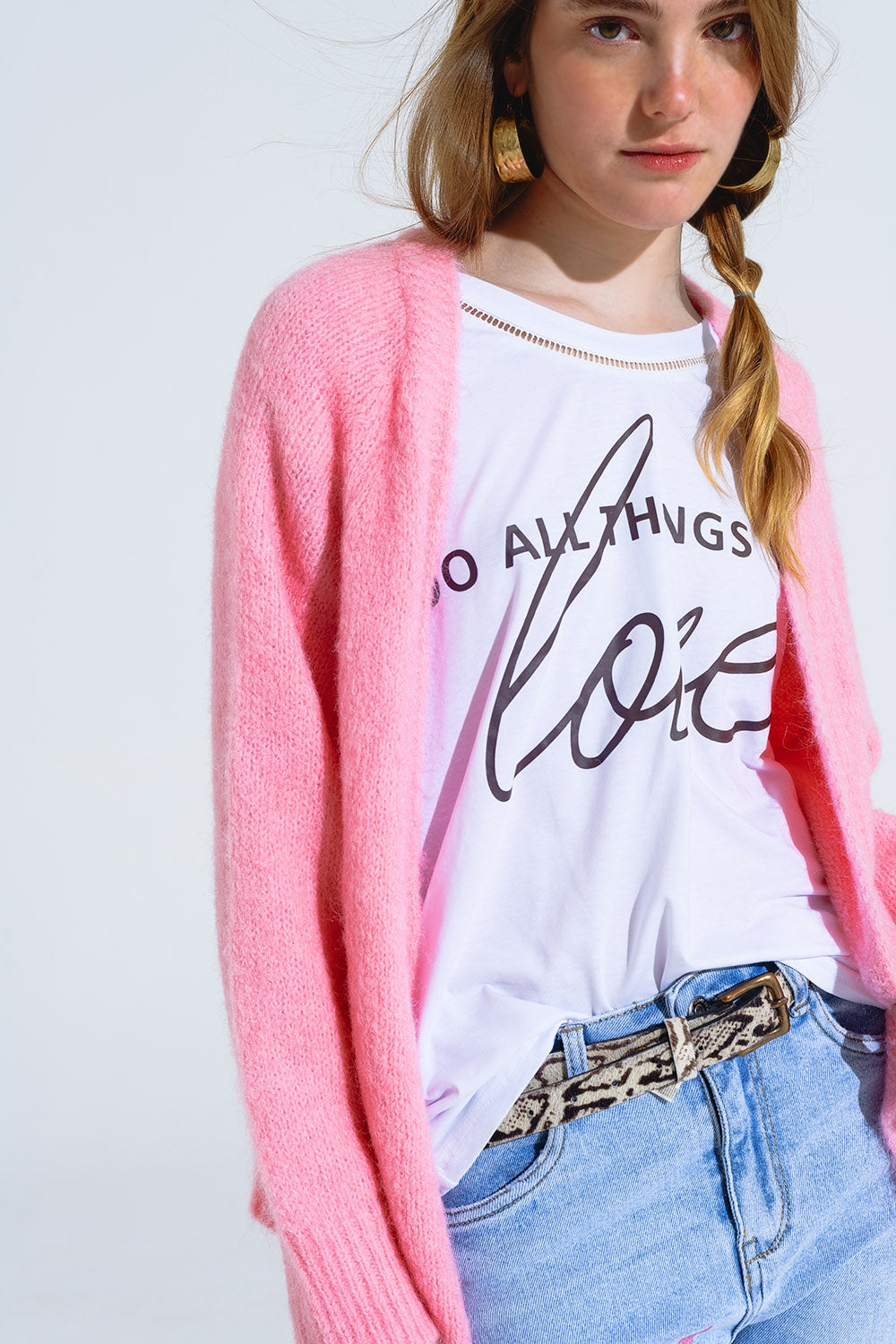 Cardigan aperto oversize in maglia soffice di colore rosa con bordi e polsini a coste