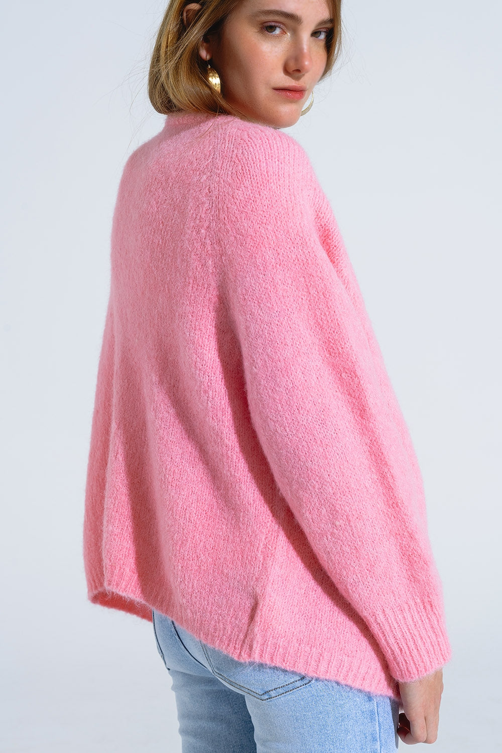 Cardigan aperto oversize in maglia soffice di colore rosa con bordi e polsini a coste