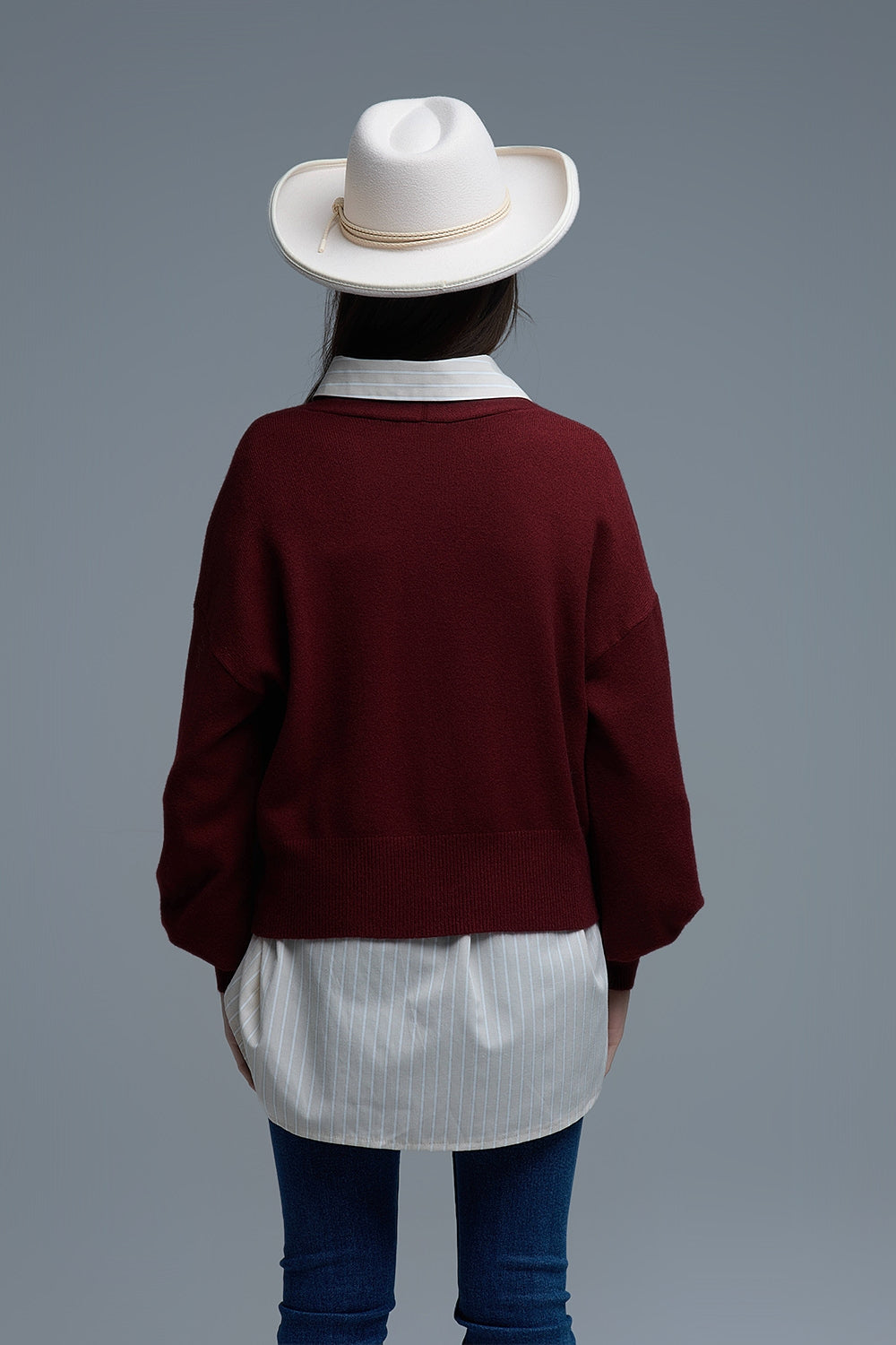 Cardigan basic con scollo a V e manica lunga in bordeaux