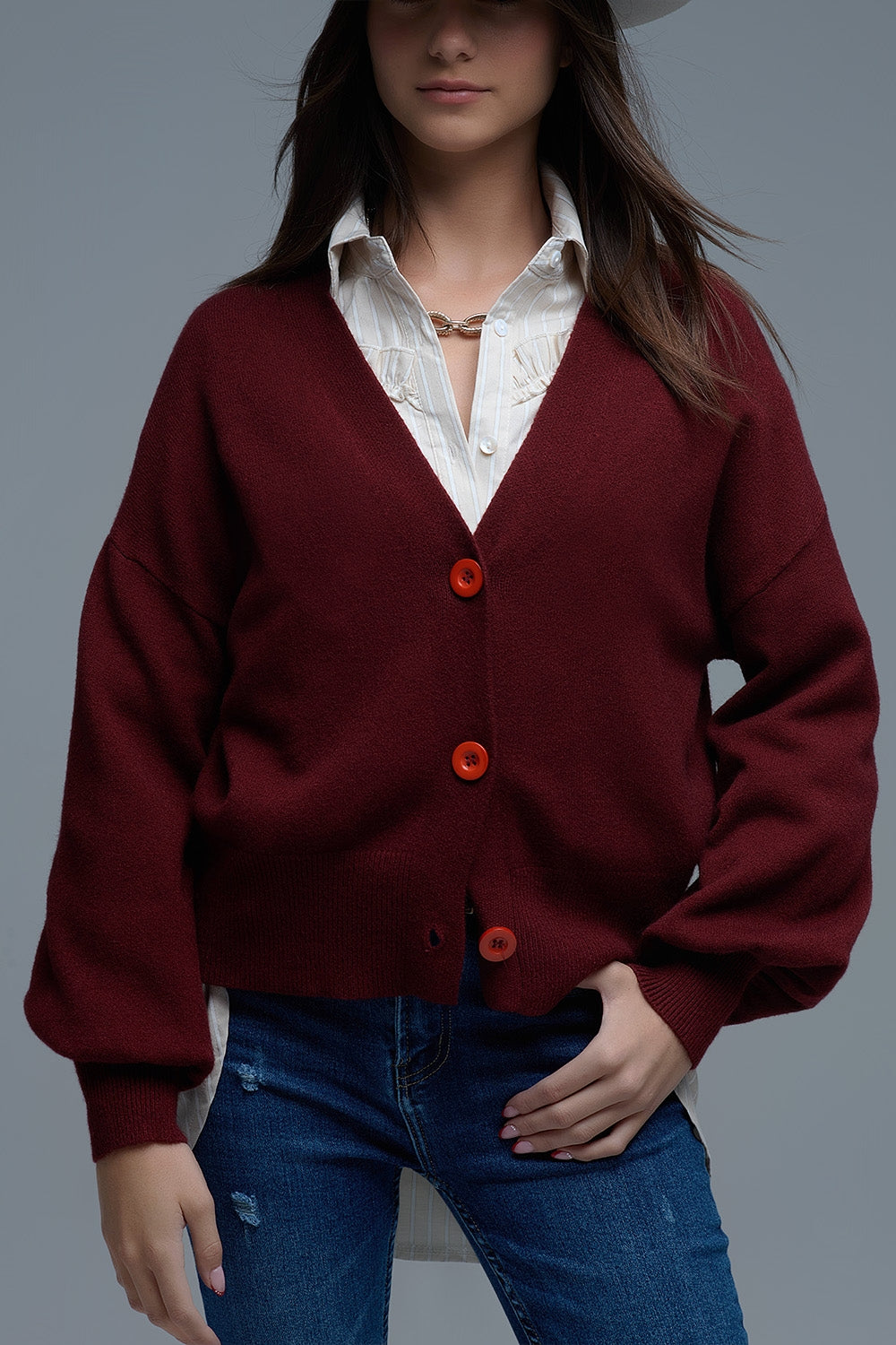 Cardigan basic con scollo a V e manica lunga in bordeaux