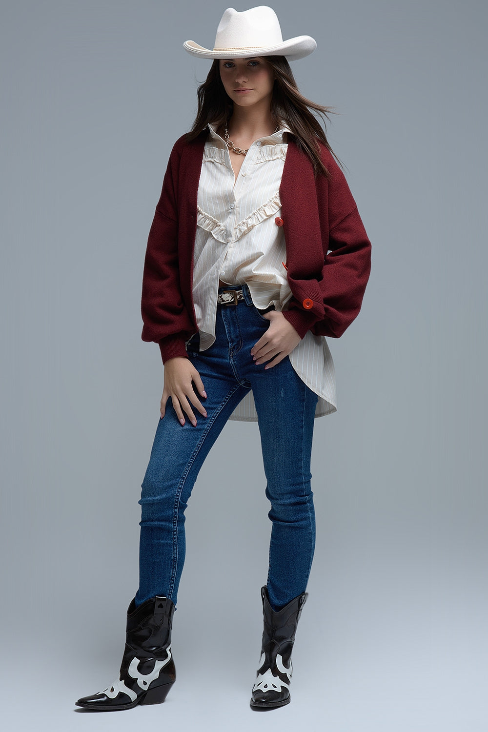 Cardigan basic con scollo a V e manica lunga in bordeaux