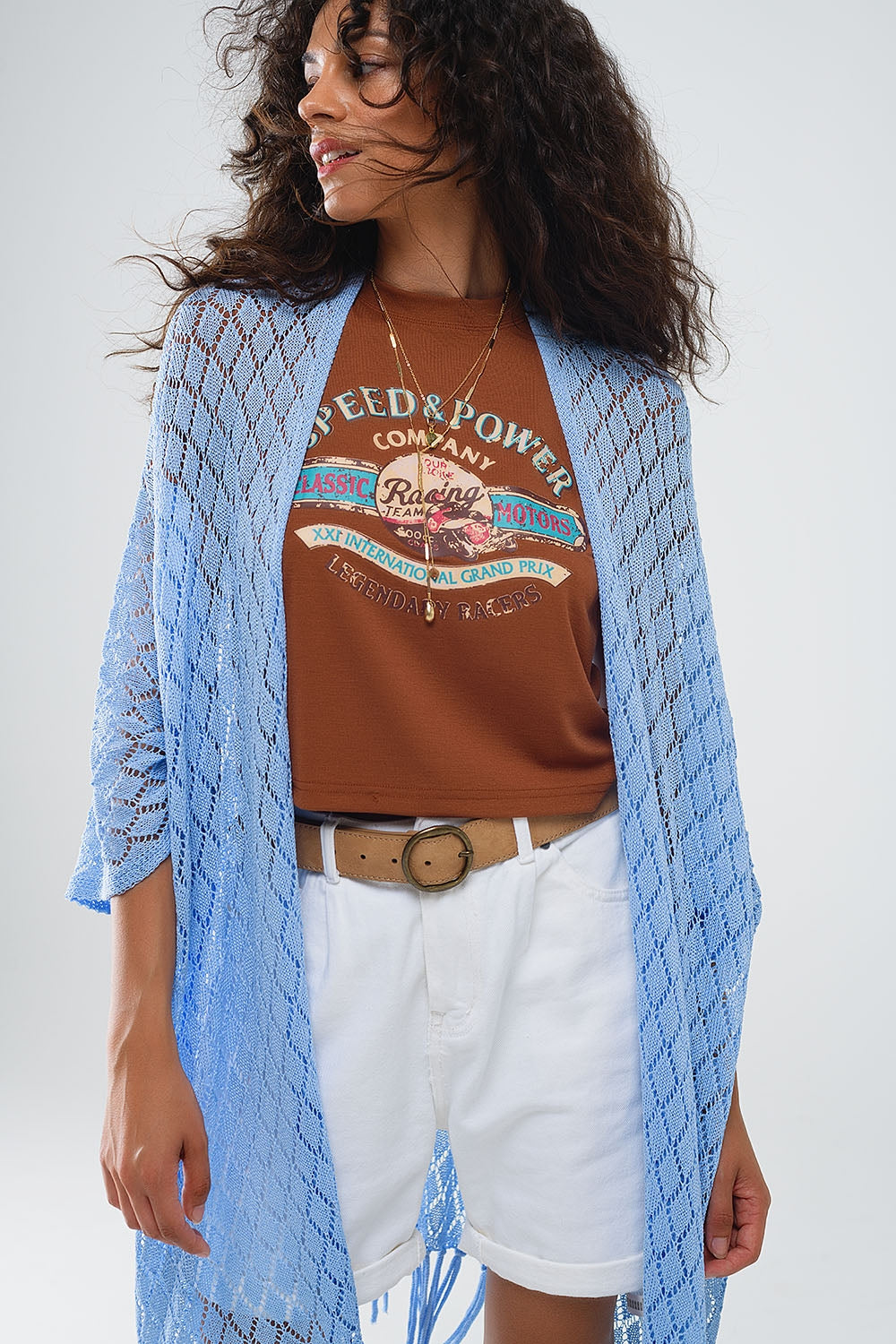 Cardigan blu aperto con frange e maniche a 3/4
