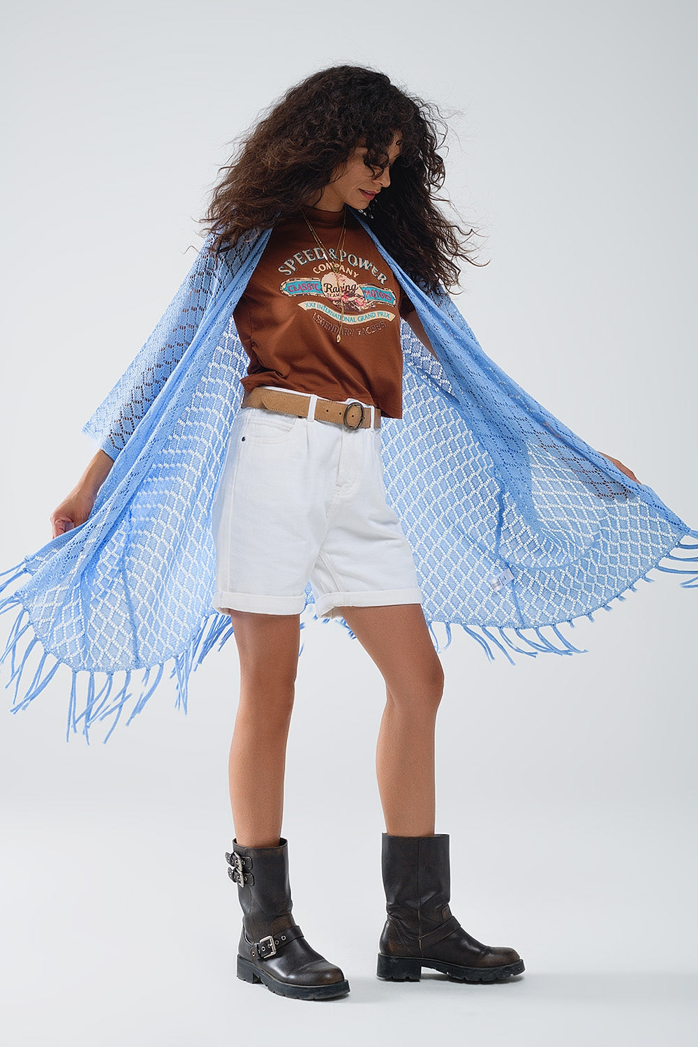Cardigan blu aperto con frange e maniche a 3/4