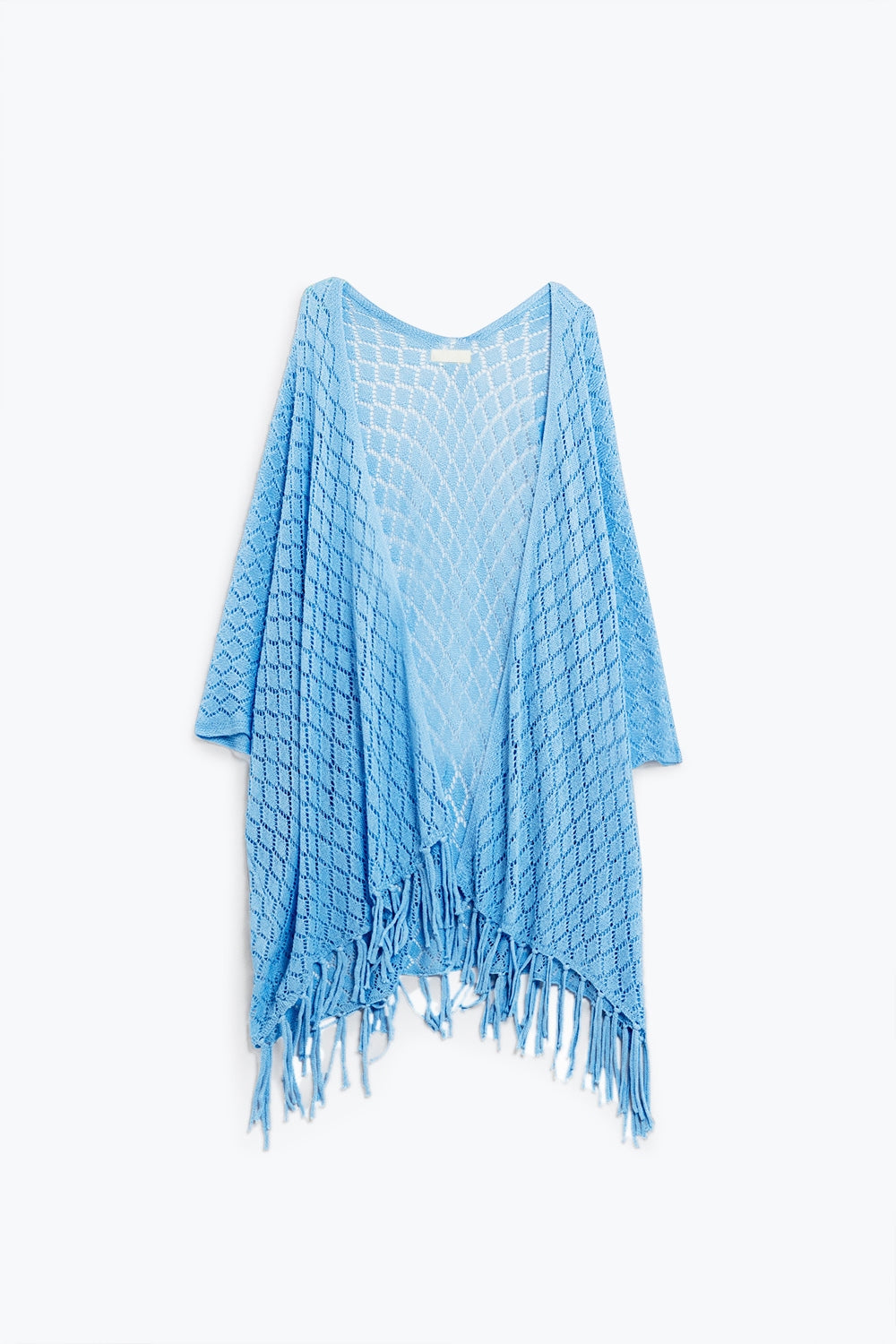 Cardigan blu aperto con frange e maniche a 3/4
