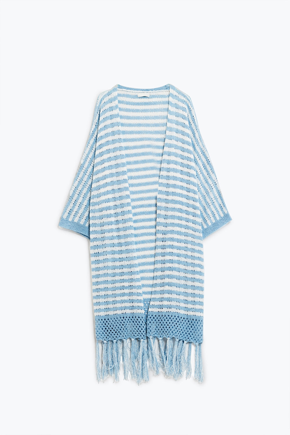 Cardigan blu in stile bohémien con maglia a righe e frange
