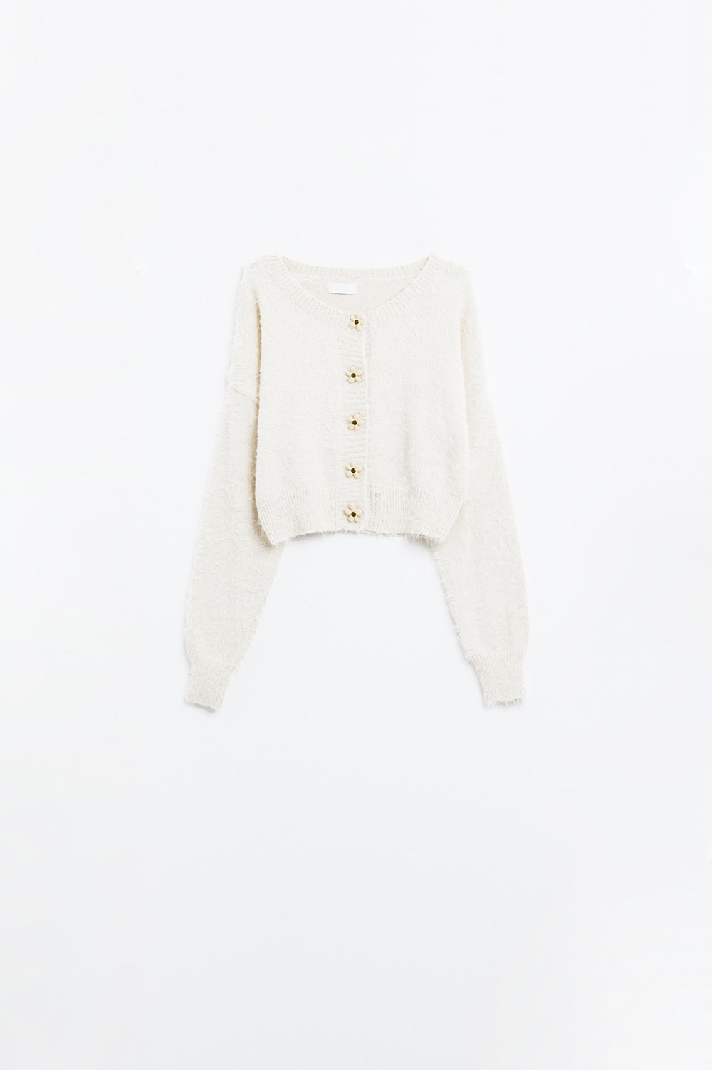 Cardigan corto e soffice color panna con bottoni a fiore