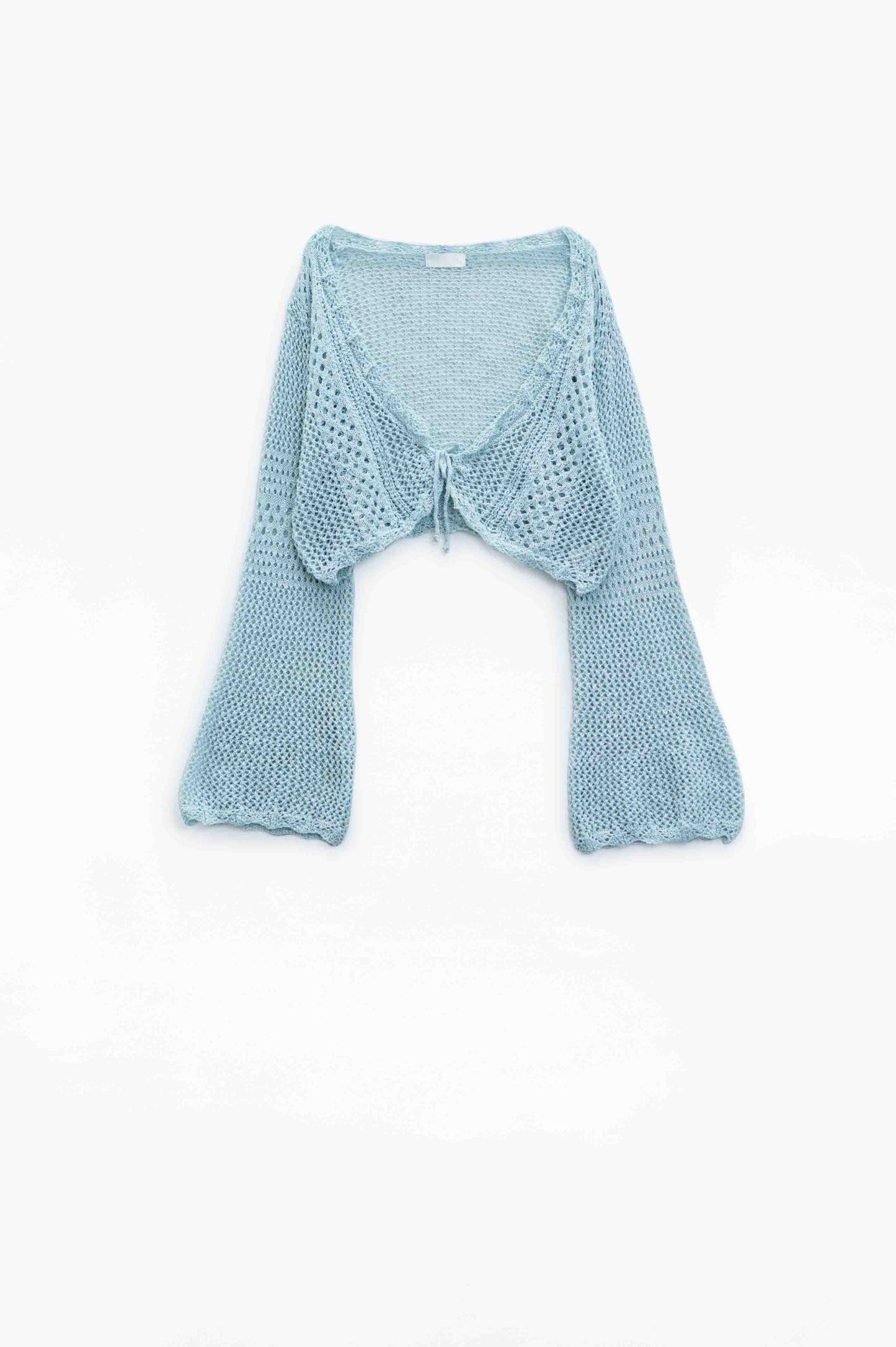 Cardigan cropped in blu baby con chiusura a cravatta