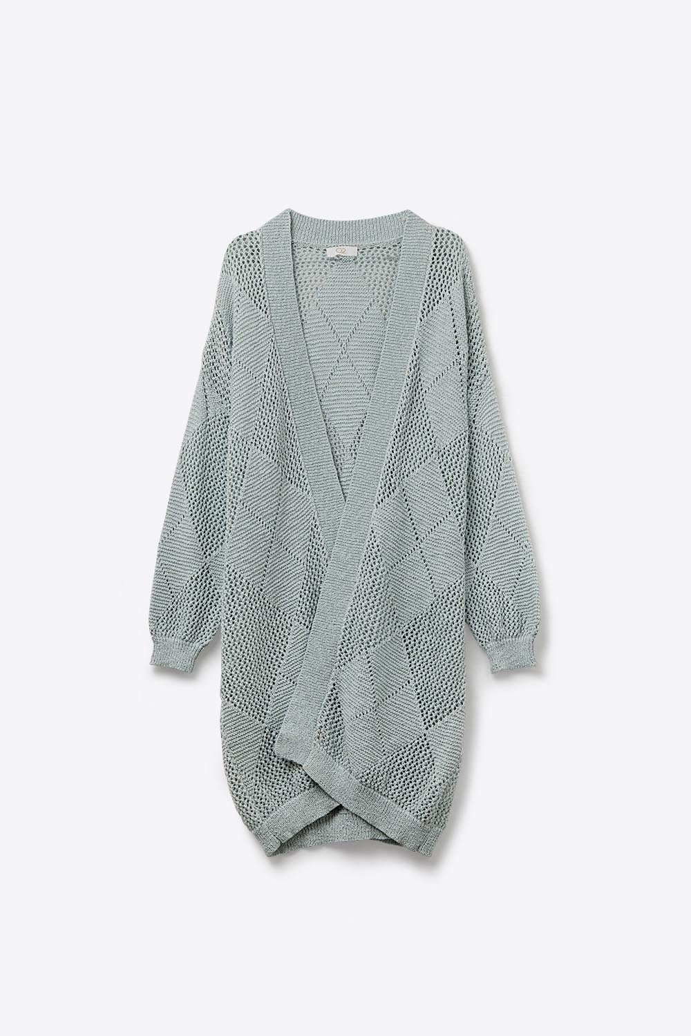 Q2 Cardigan drappeggiato blu pallido con disegno all'uncinetto