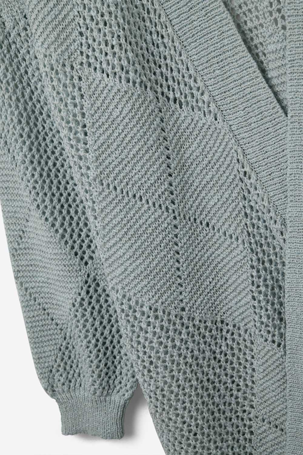 Cardigan drappeggiato blu pallido con disegno all'uncinetto
