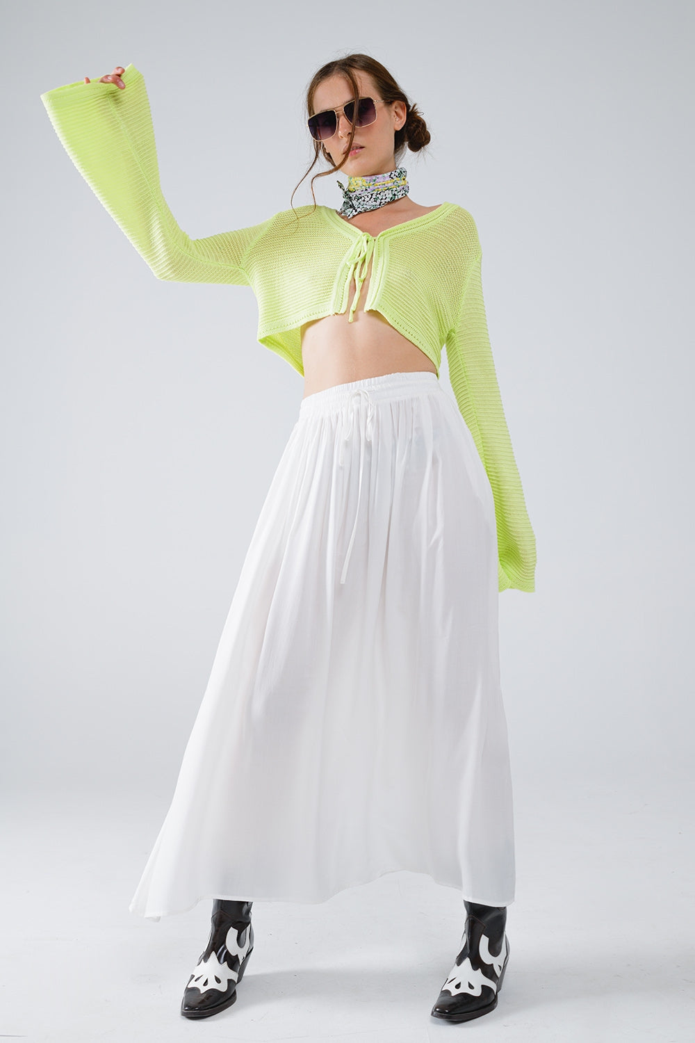 Cardigan in maglia con maniche lunghe a campana in verde lime con dettaglio nodo
