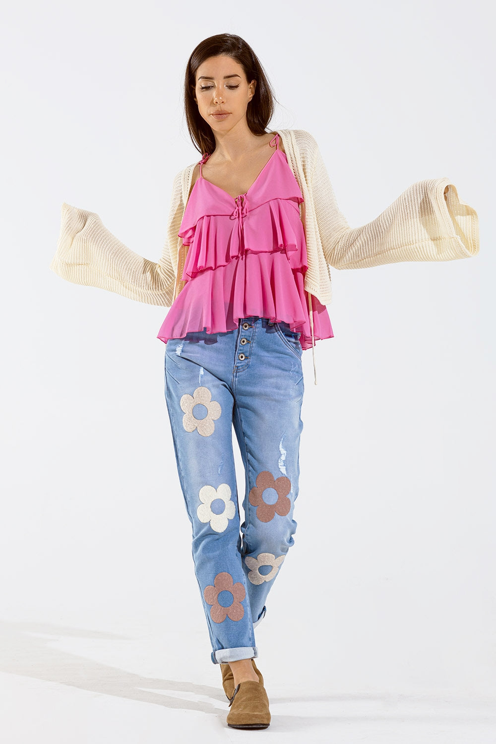 Cardigan lavorato a maglia con maniche lunghe a campana in crema con dettaglio nodo