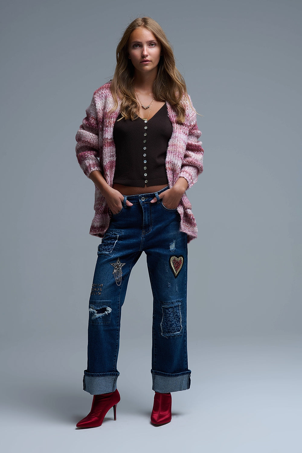 Cardigan lungo oversize a righe screziate con tasche in rosa