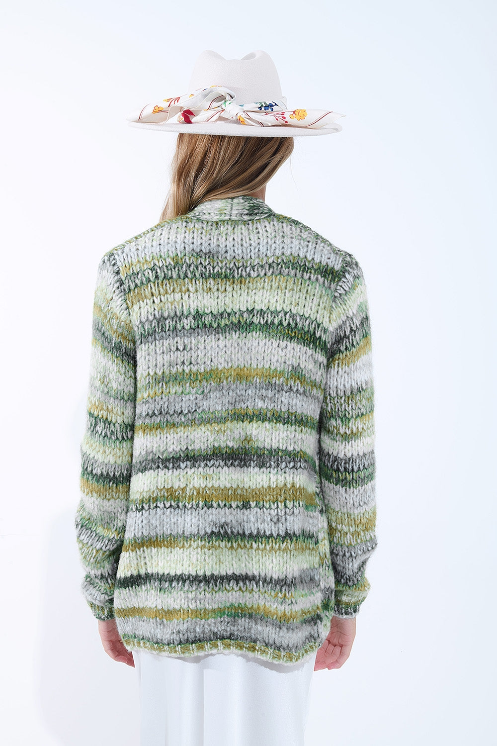 Cardigan lungo oversize a righe screziate con tasche in verde