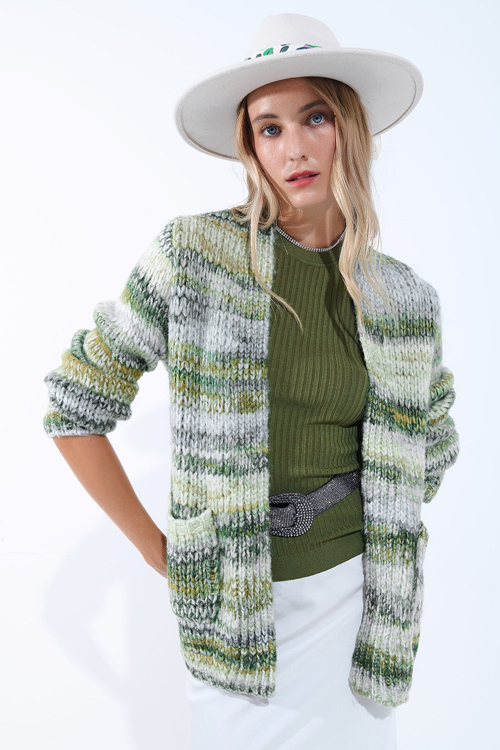 Cardigan lungo oversize a righe screziate con tasche in verde