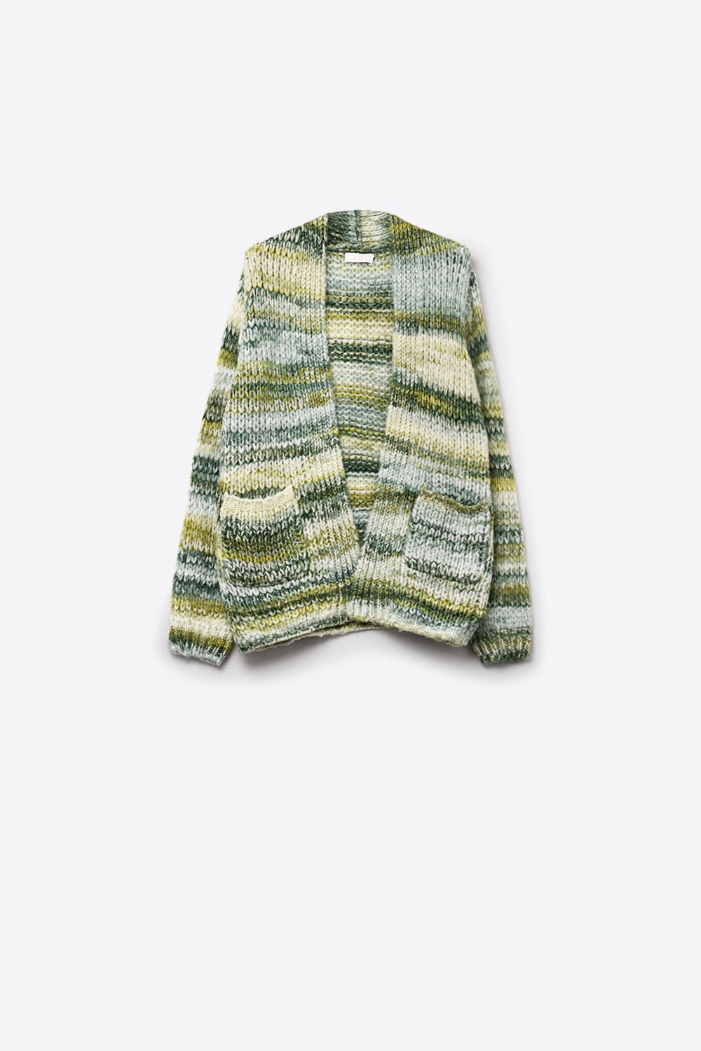 Q2 Cardigan lungo oversize a righe screziate con tasche in verde