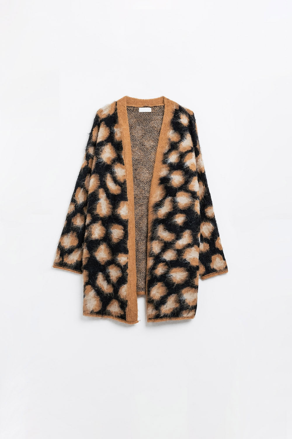 Q2 cardigan nero con stampa leopardata in tessuto lavorato a maglia con lana