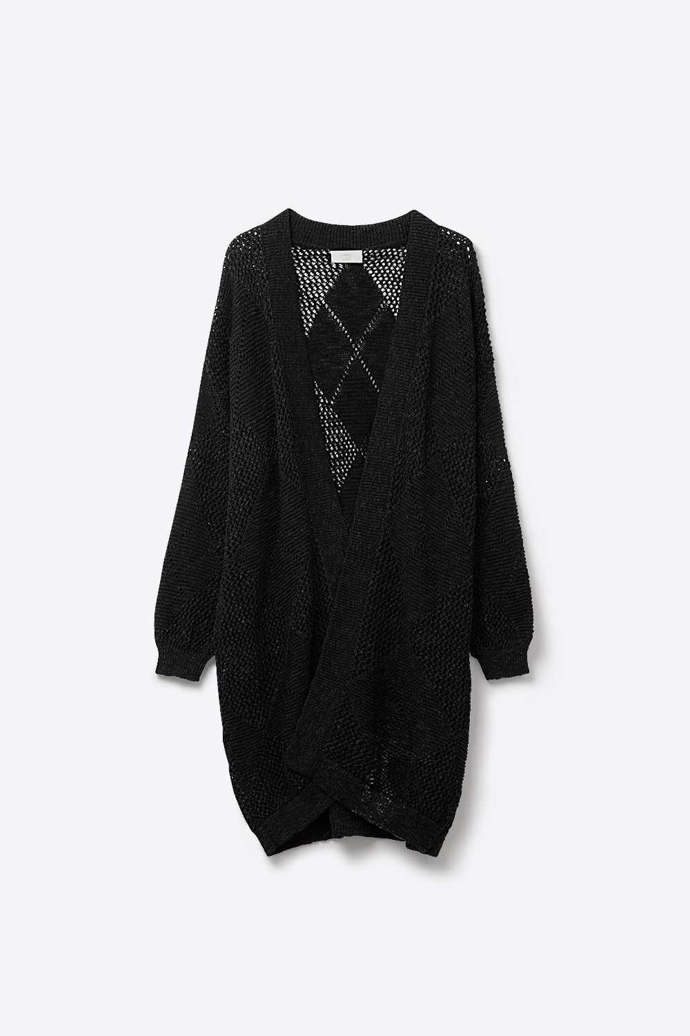 Q2 Cardigan nero drappeggiato con disegno all'uncinetto