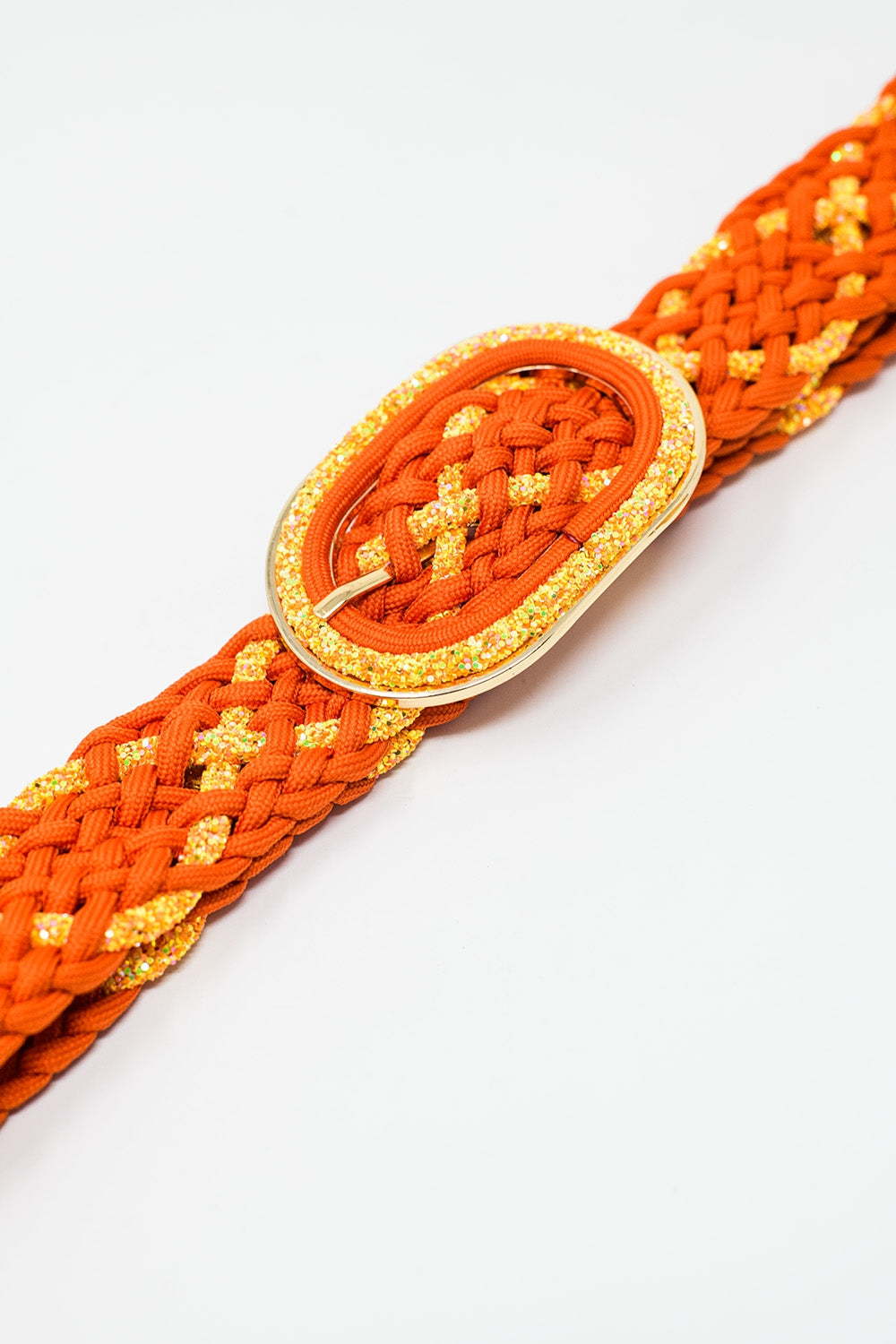 Cintura intrecciata arancione con filo d'oro intrecciato e fibbia ovale