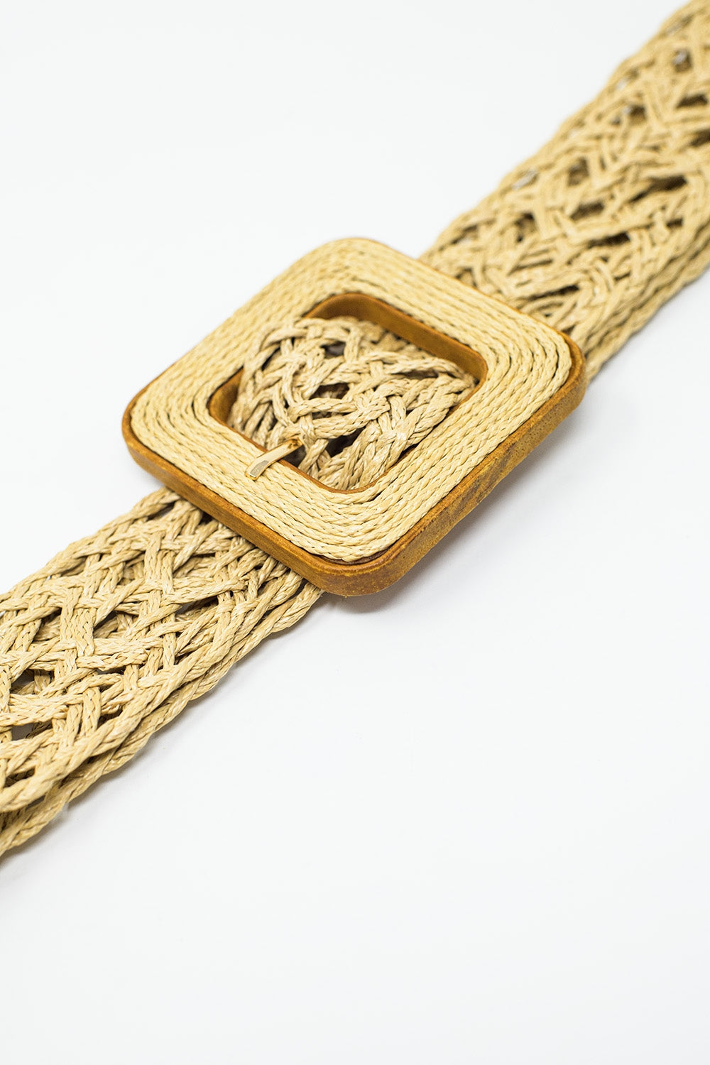 Cintura intrecciata beige con fibbia quadrata e bordo marrone