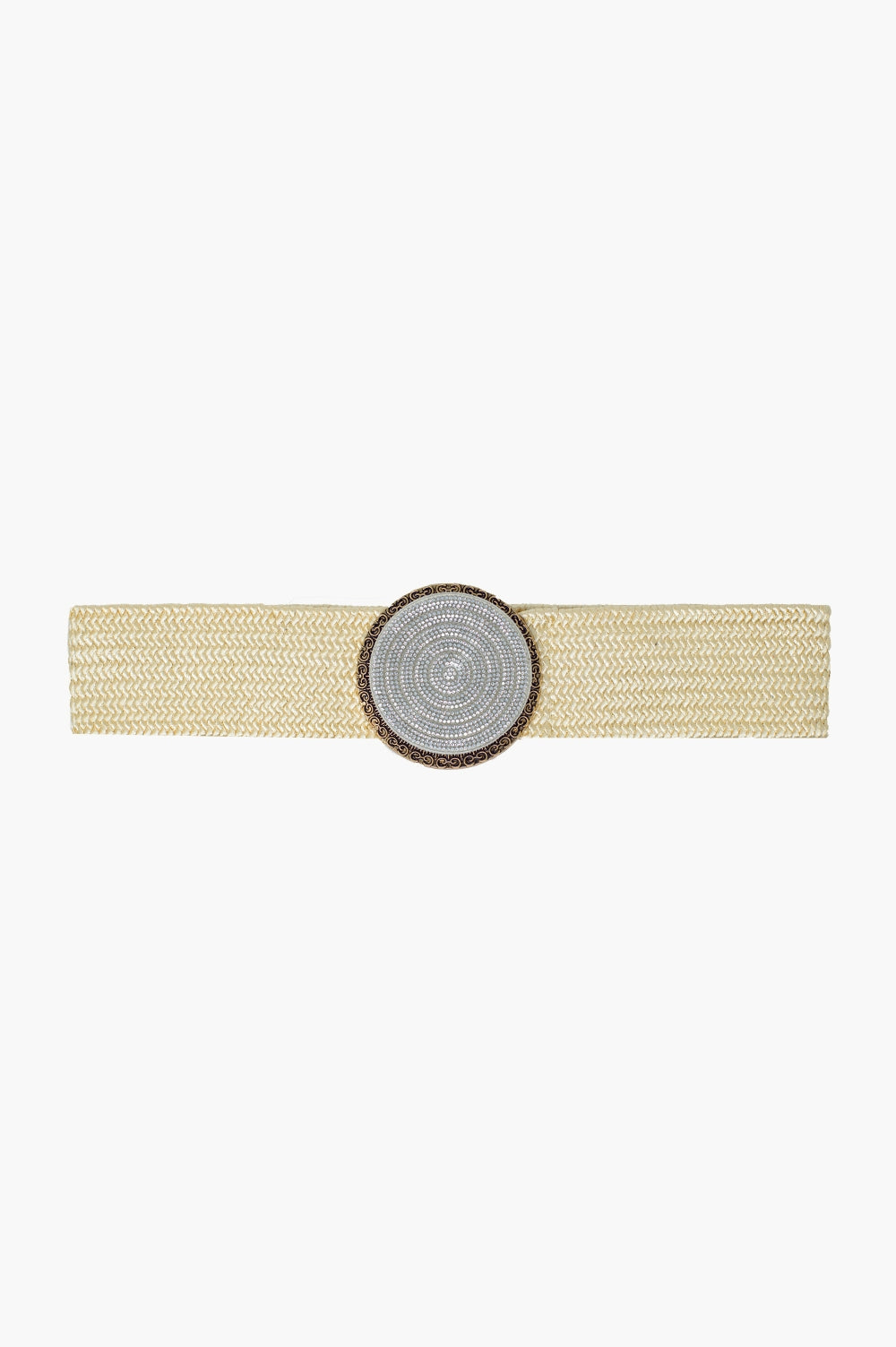 Cintura intrecciata color crema con fibbia rotonda con strass