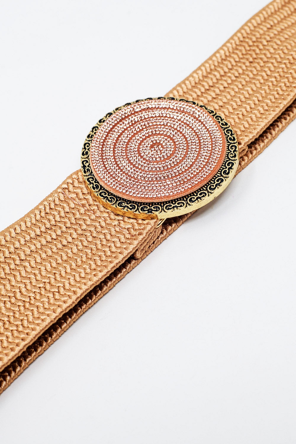 Cintura intrecciata rosa con fibbia rotonda con strass