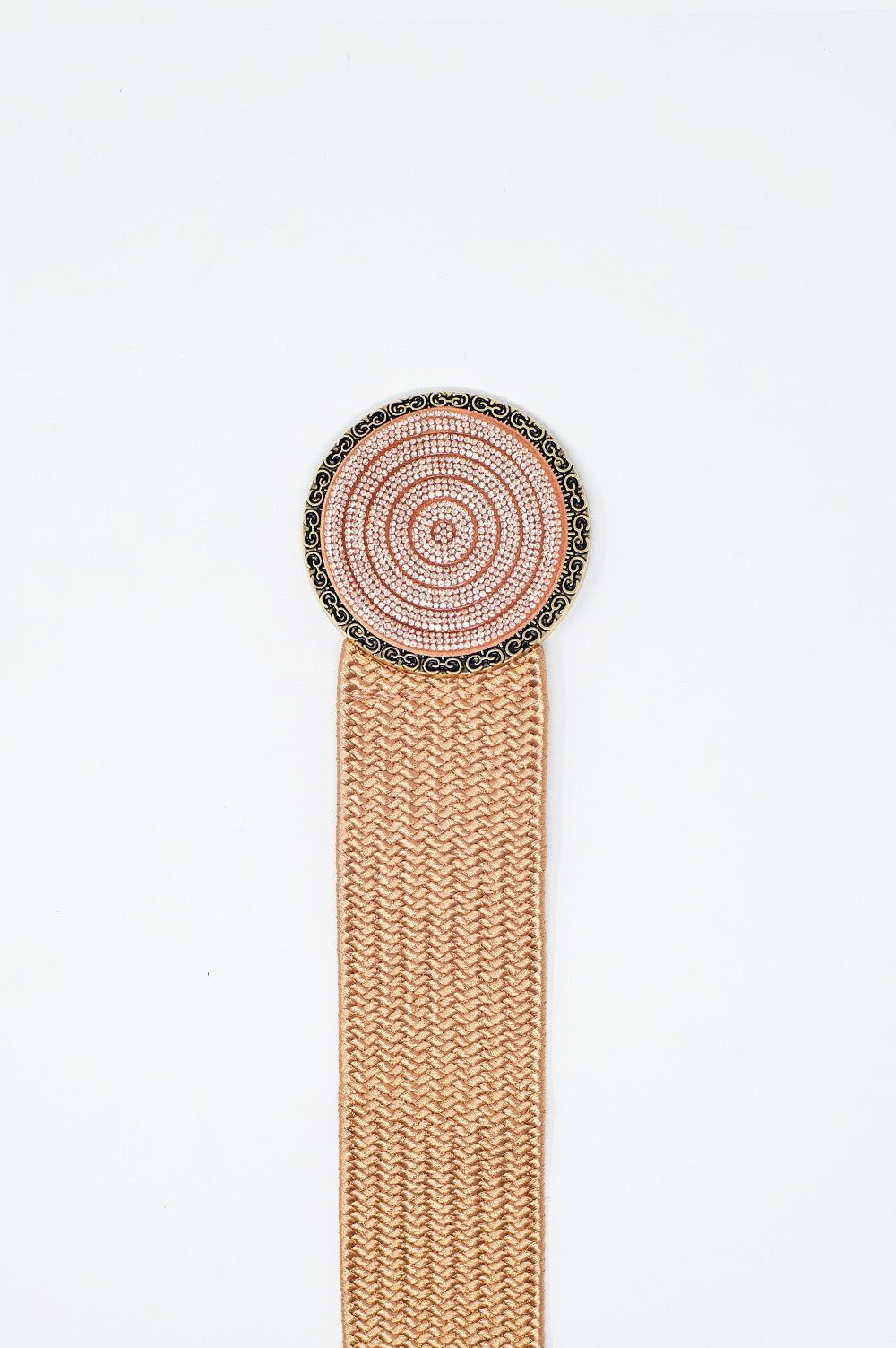Cintura intrecciata rosa con fibbia rotonda con strass