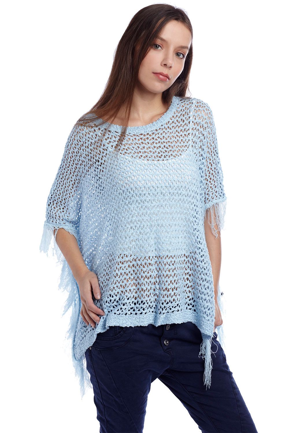 Q2 Coprispalle a poncho con frange blu
