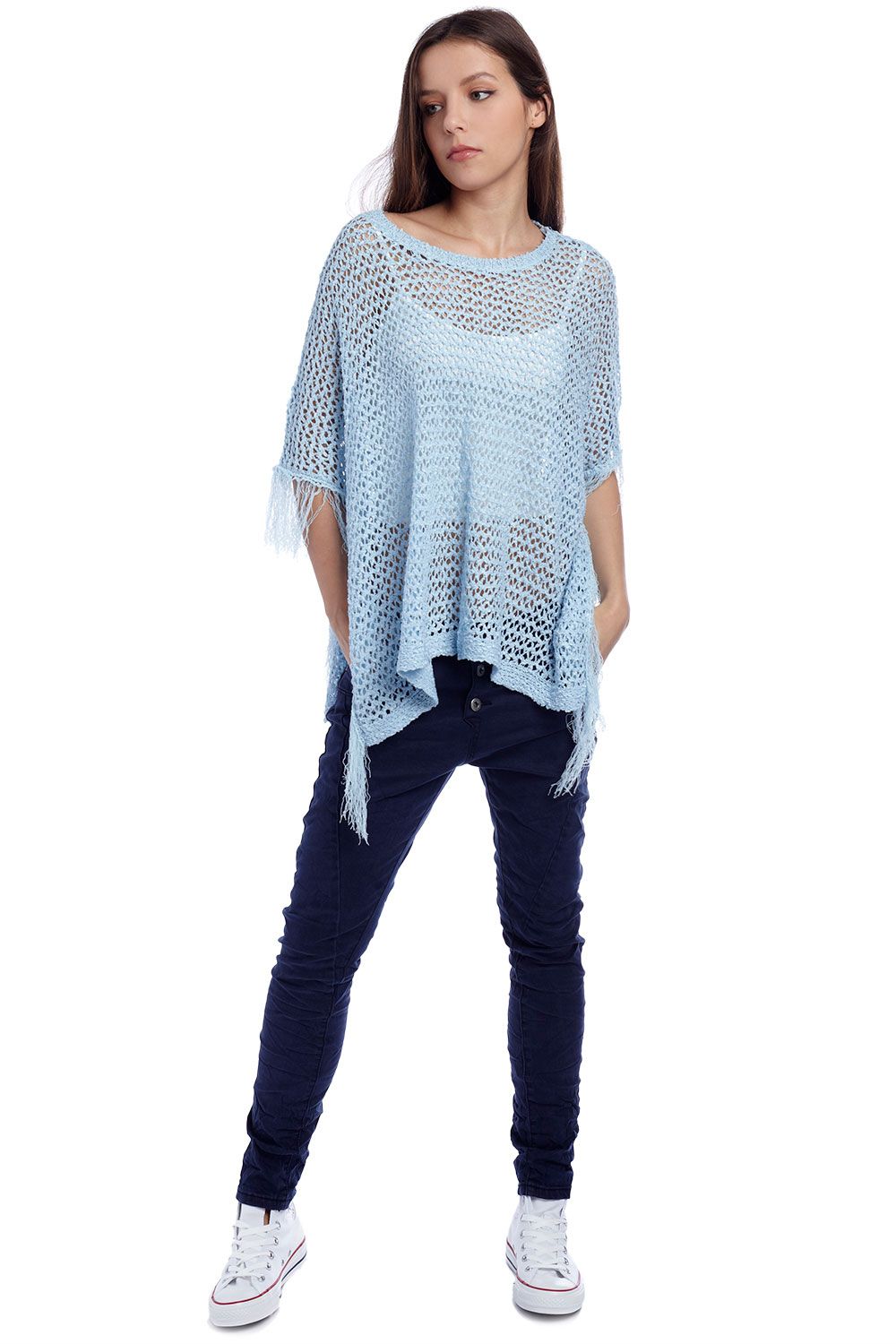 Coprispalle a poncho con frange blu