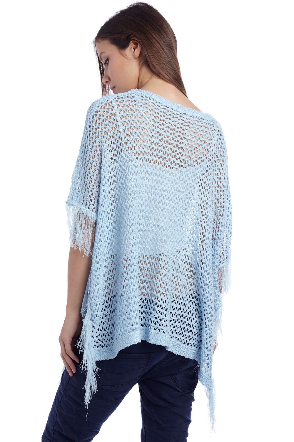Coprispalle a poncho con frange blu
