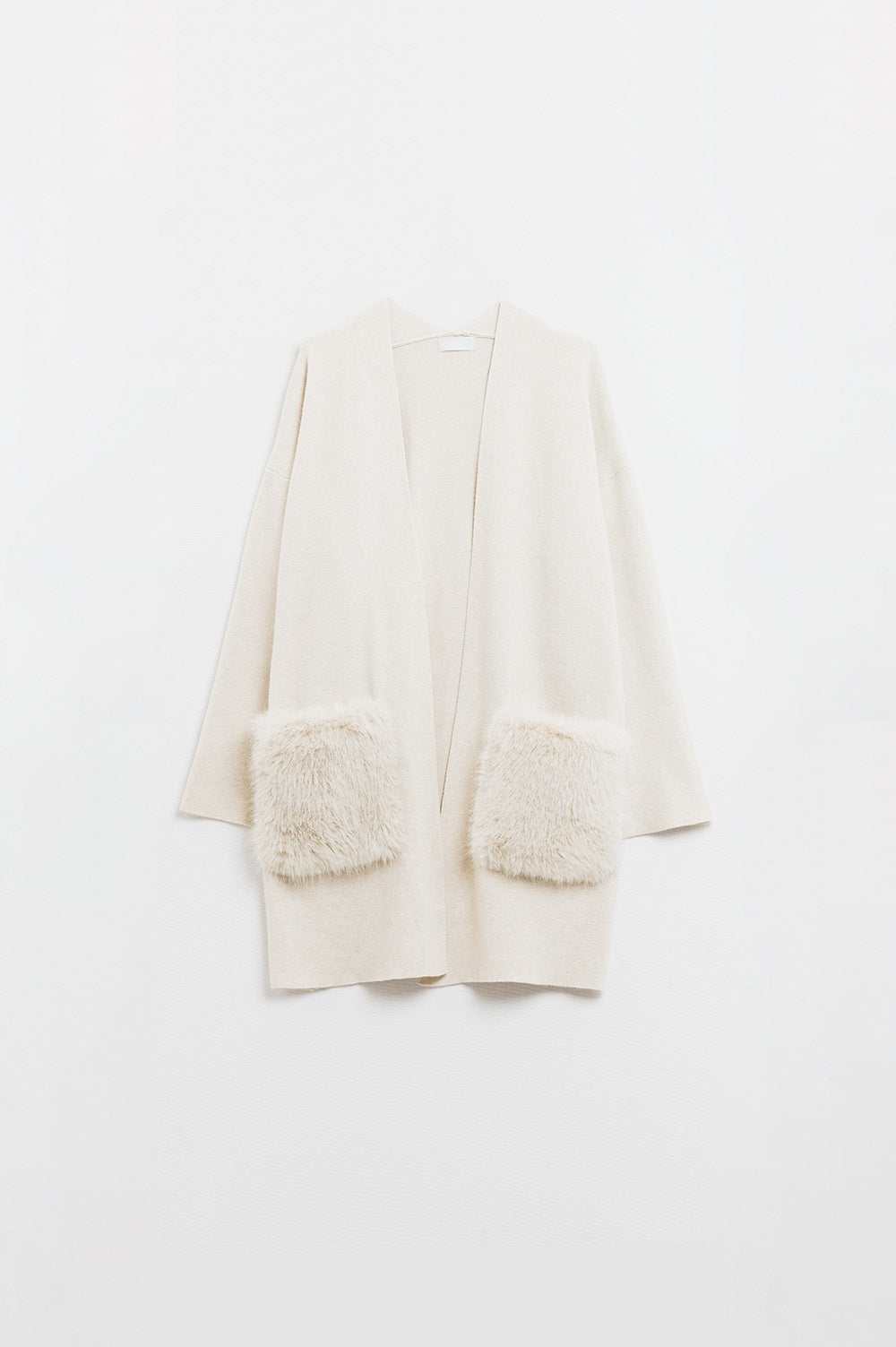 crema Maxi cardigan in maglia di alta qualità con tasche in pelliccia