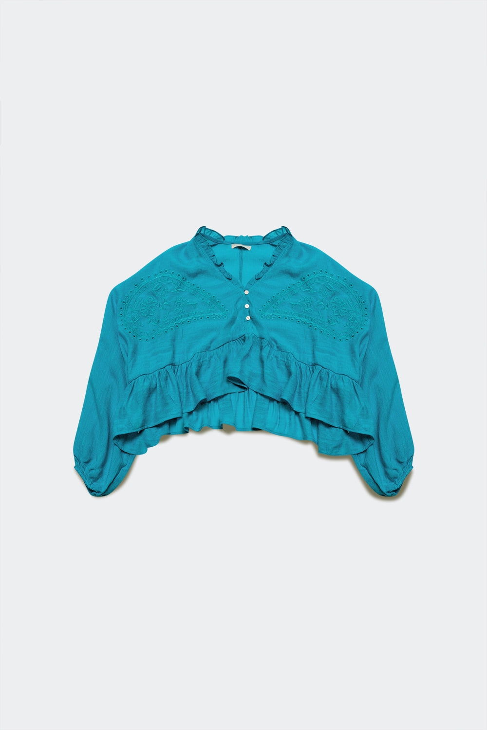 Crop top con volants e ricamo in blu