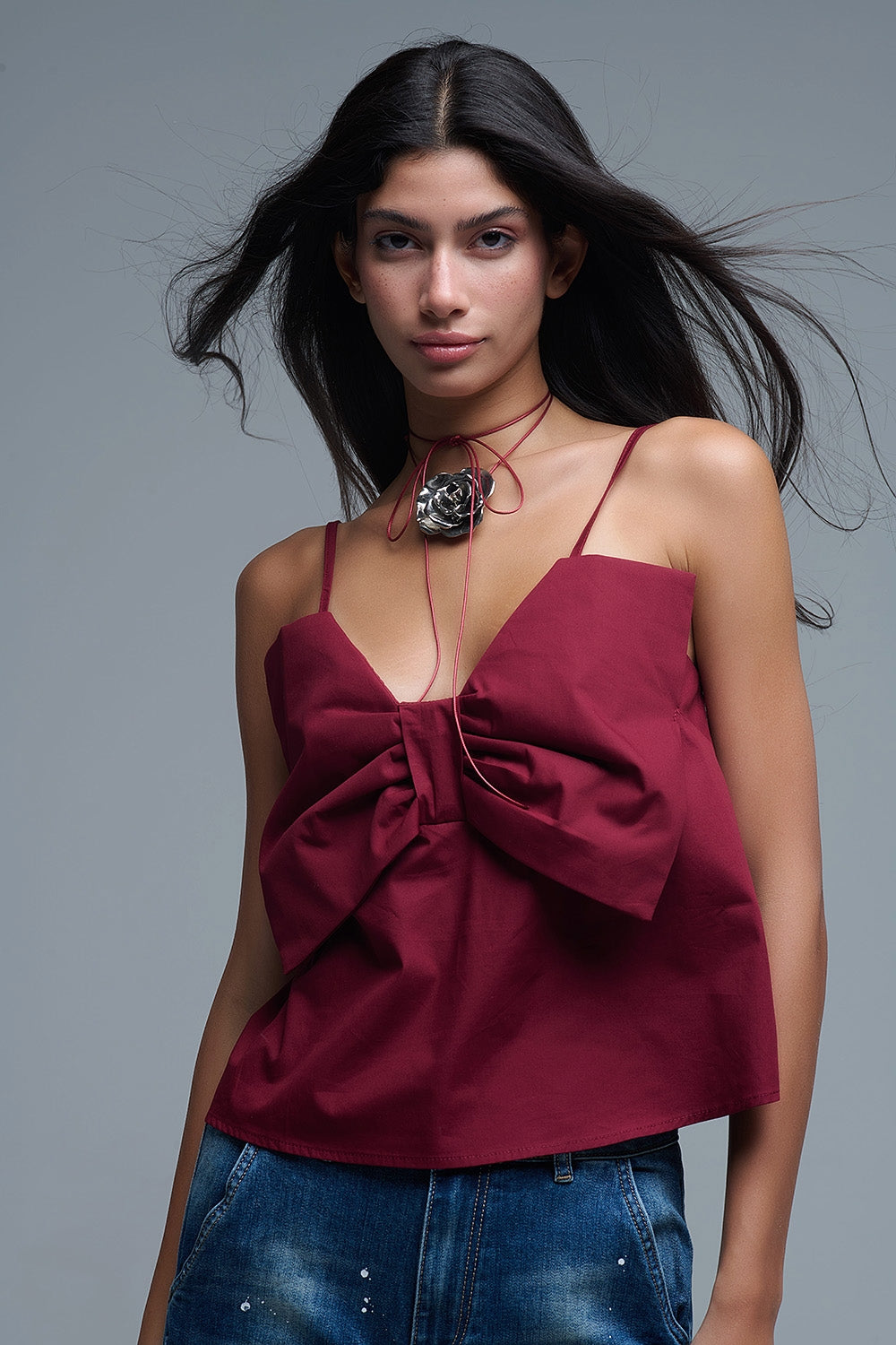 Crop top in popeline bordeaux con fiocco