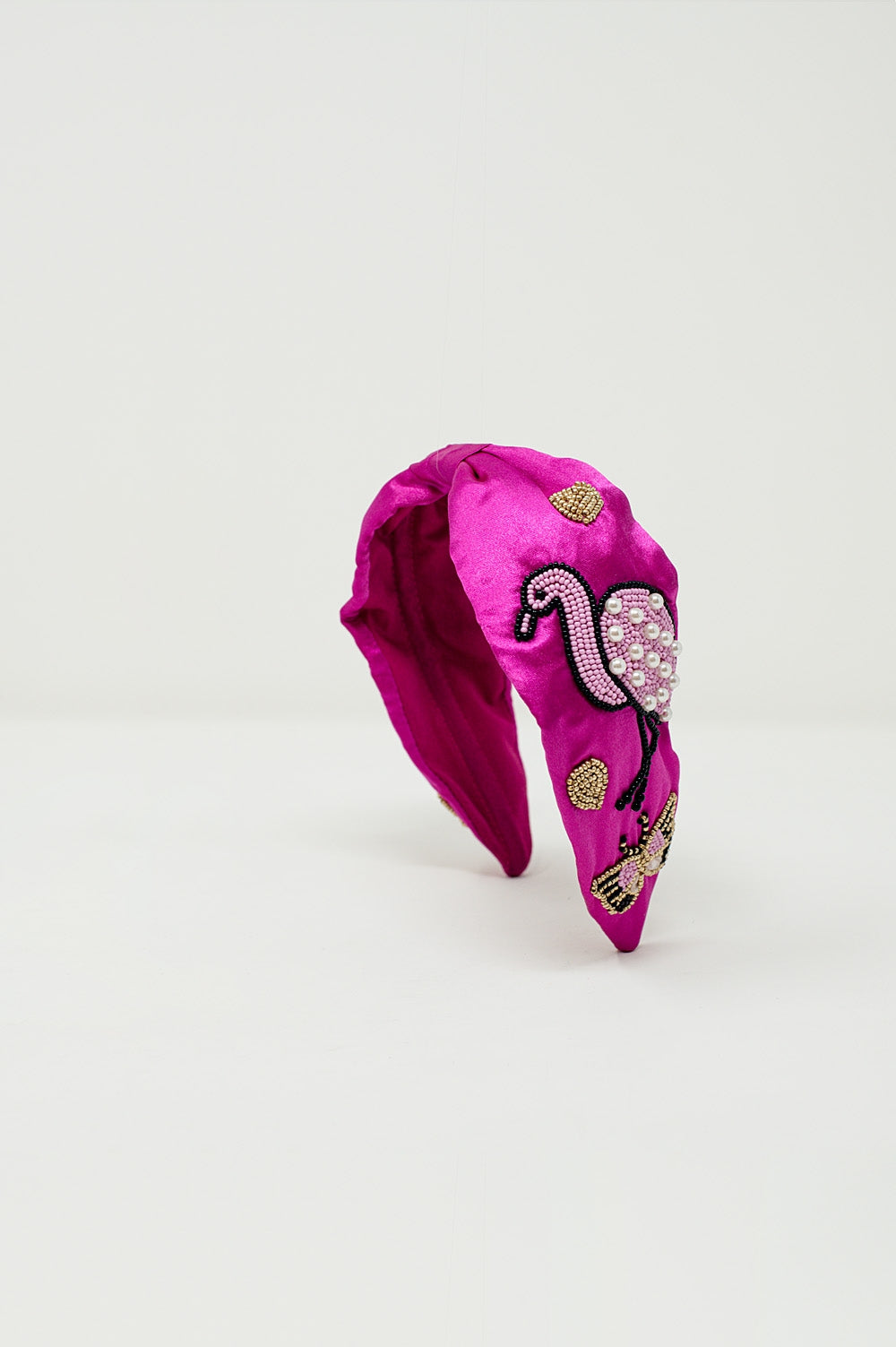 Fascia da testa in raso fucsia con fenicotteri ricamati
