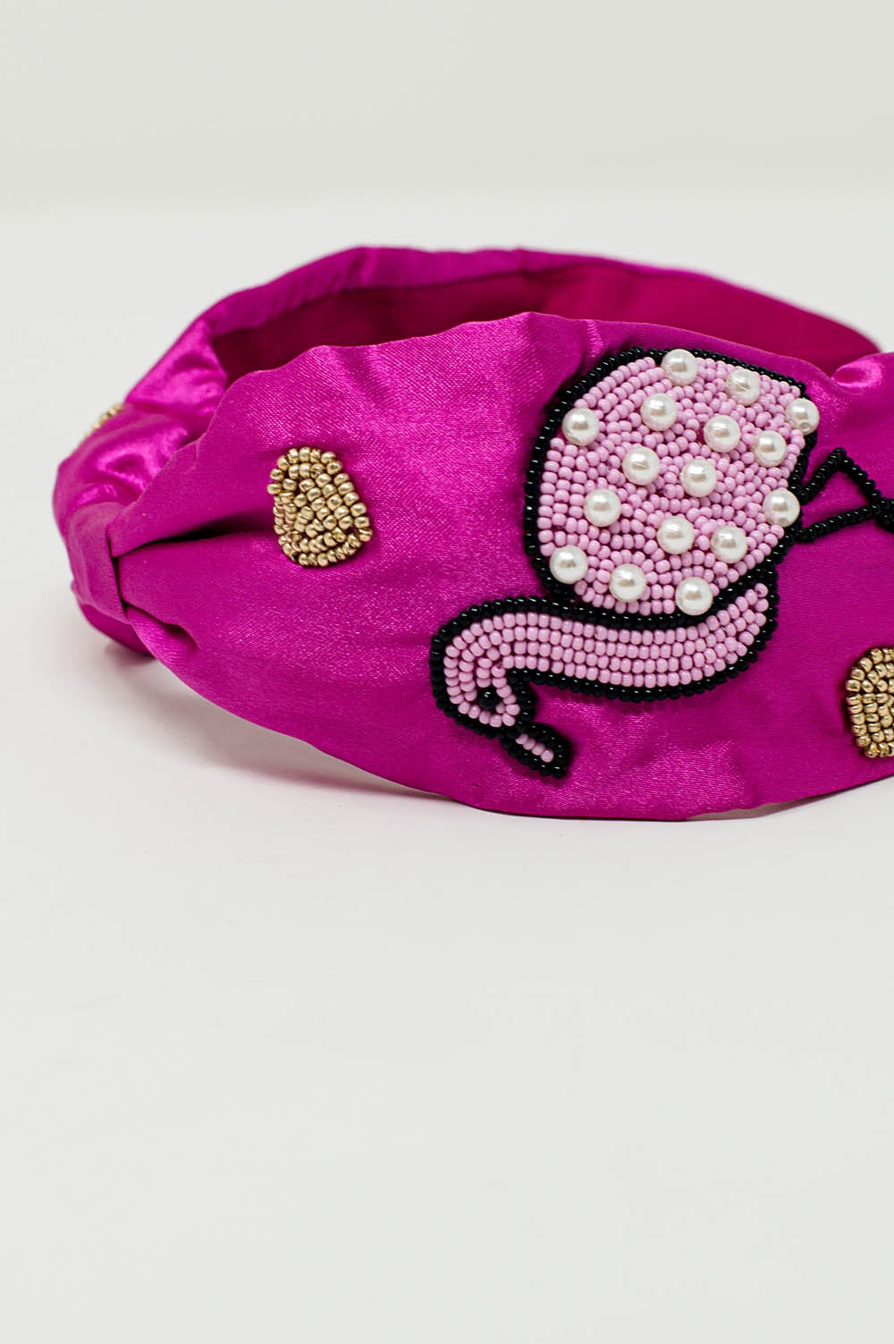 Fascia da testa in raso fucsia con fenicotteri ricamati